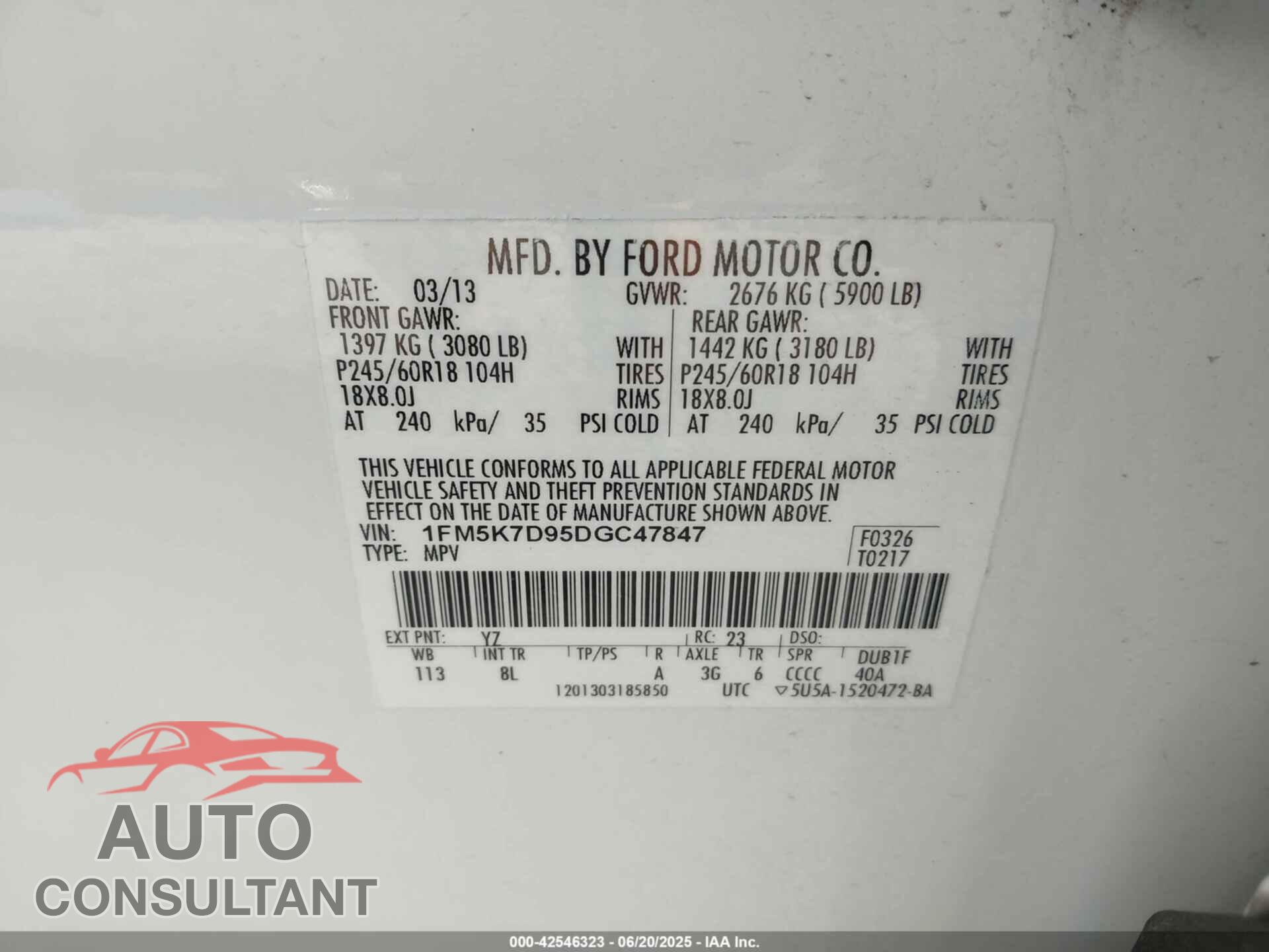FORD EXPLORER 2013 - 1FM5K7D95DGC47847