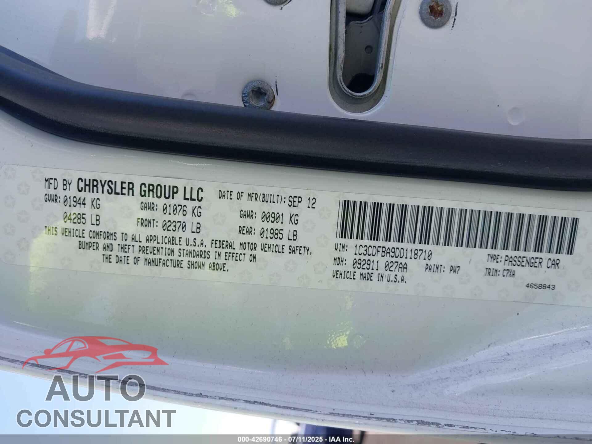 DODGE DART 2013 - 1C3CDFBA9DD118710