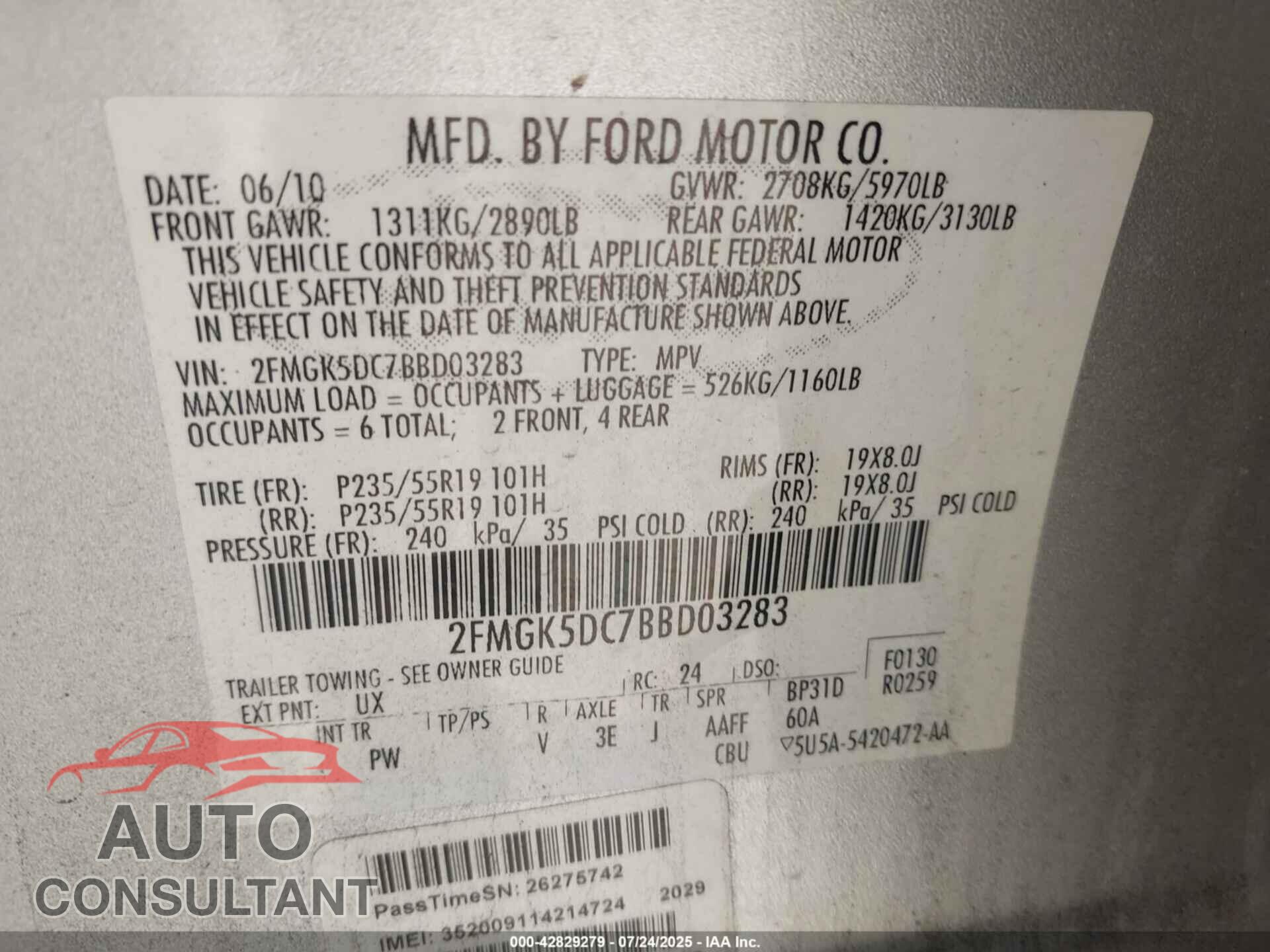 FORD FLEX 2011 - 2FMGK5DC7BBD03283