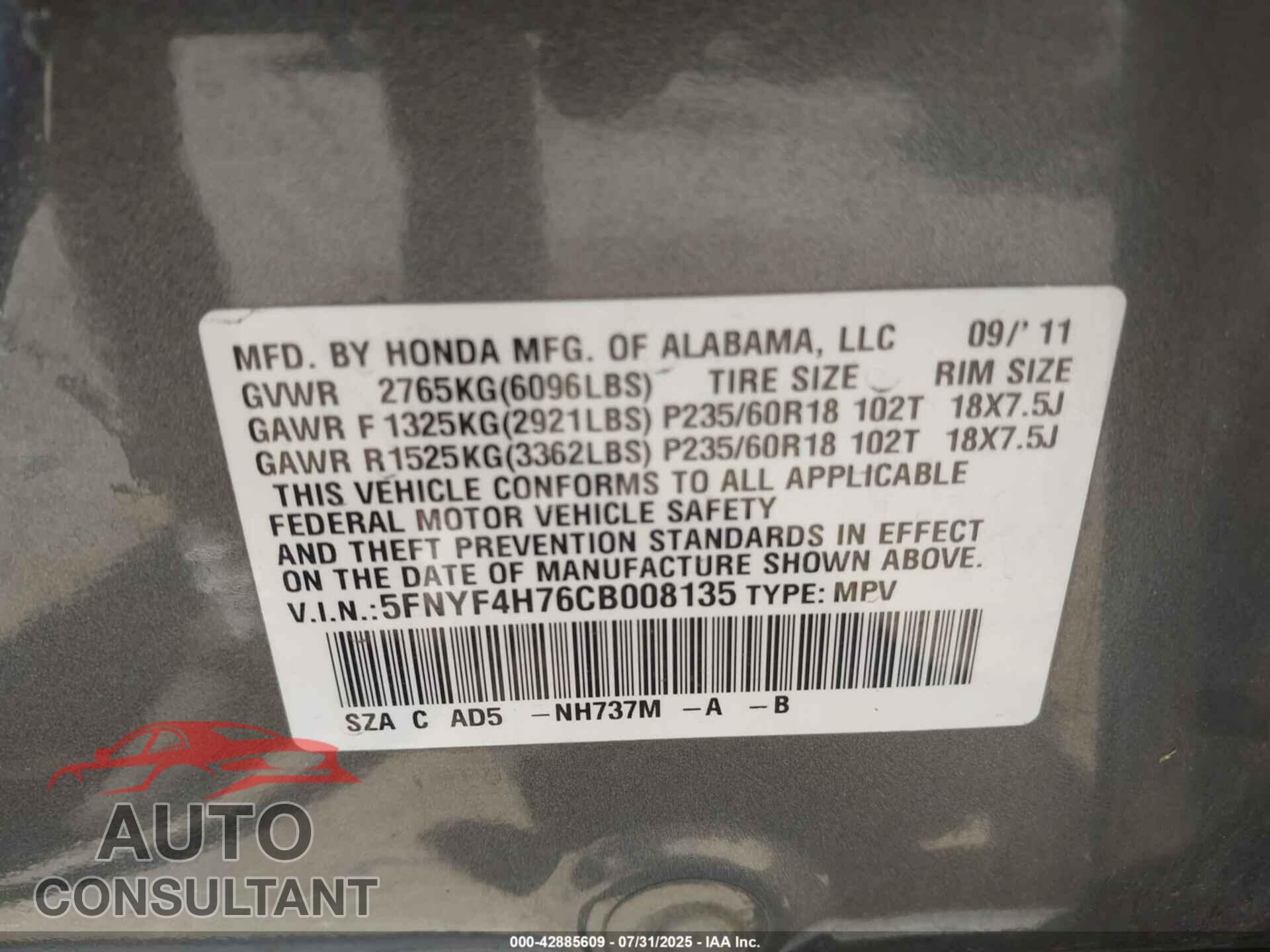HONDA PILOT 2012 - 5FNYF4H76CB008135