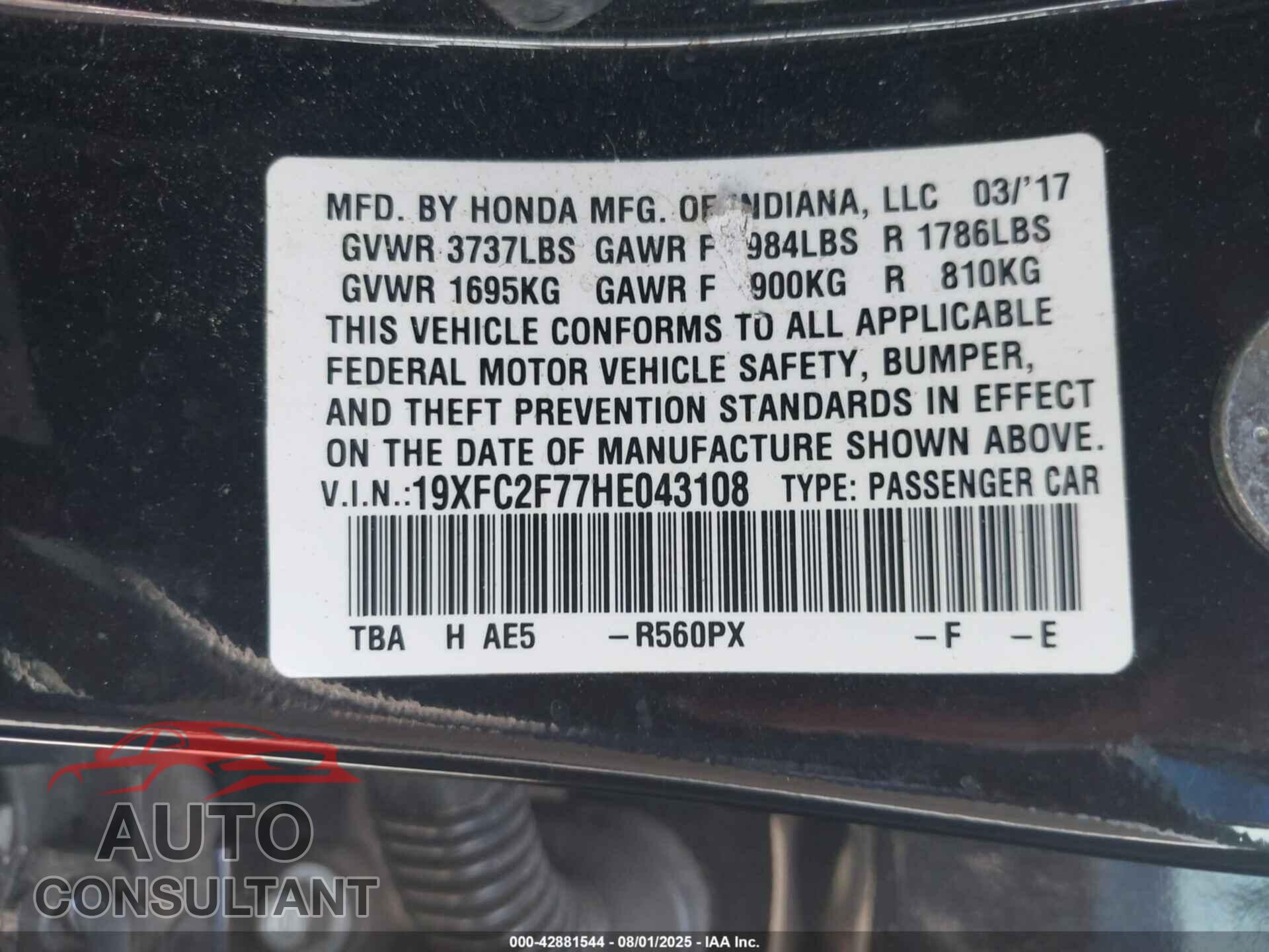HONDA CIVIC 2017 - 19XFC2F77HE043108