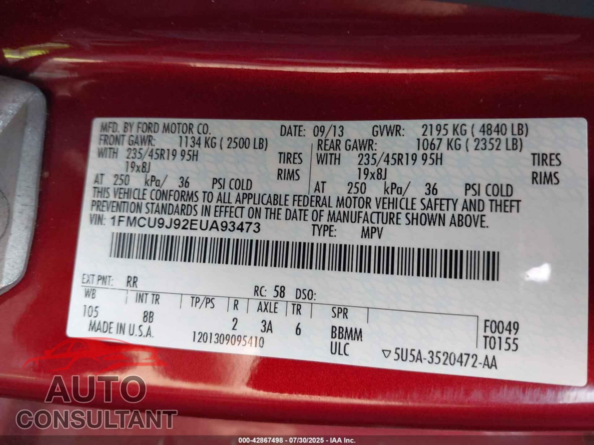 FORD ESCAPE 2014 - 1FMCU9J92EUA93473