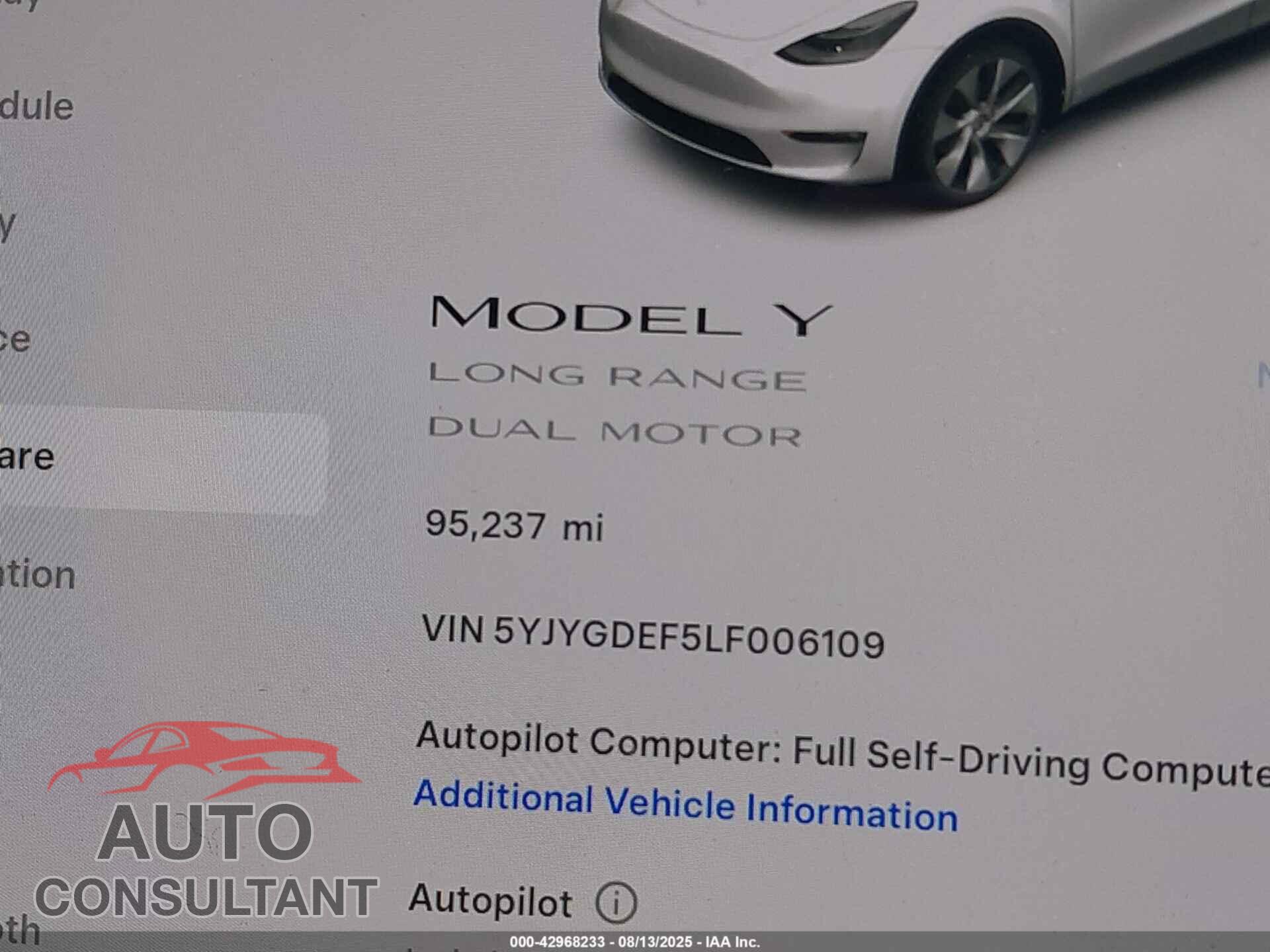 TESLA MODEL Y 2020 - 5YJYGDEF5LF006109