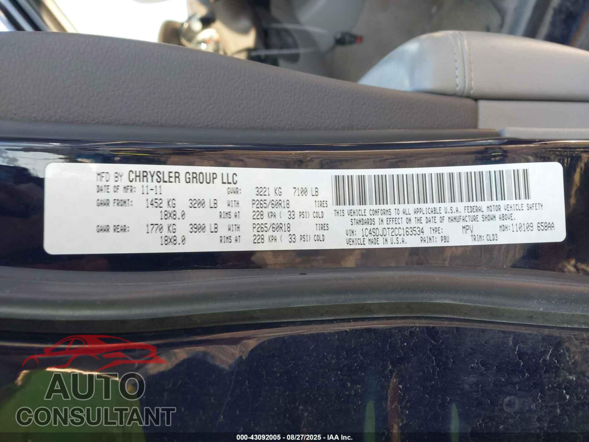 DODGE DURANGO 2012 - 1C4SDJDT2CC163534