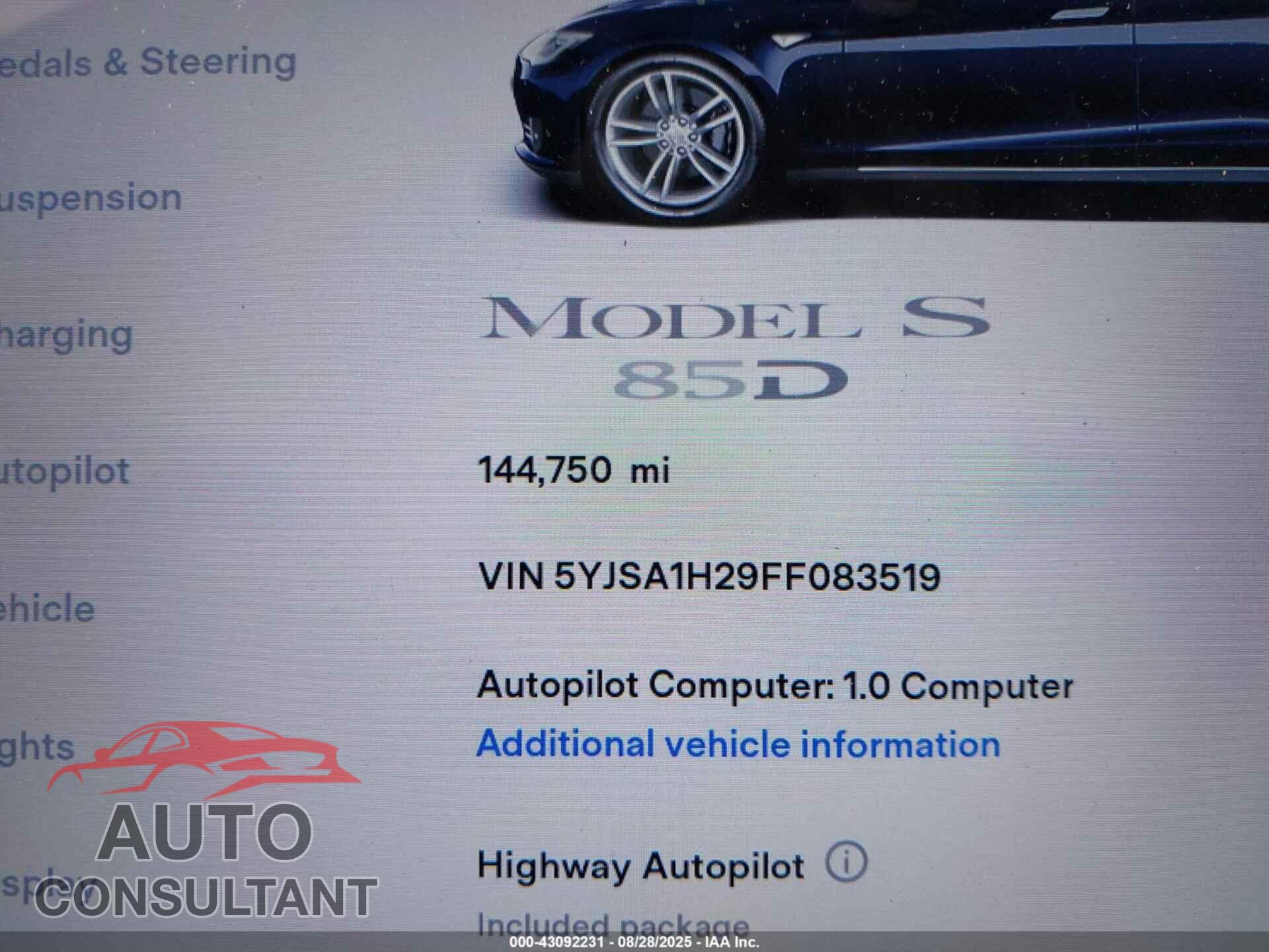 TESLA MODEL S 2015 - 5YJSA1H29FF083519