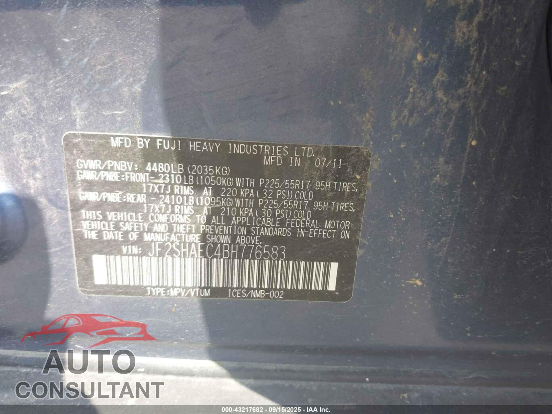 SUBARU FORESTER 2011 - JF2SHAEC4BH776583