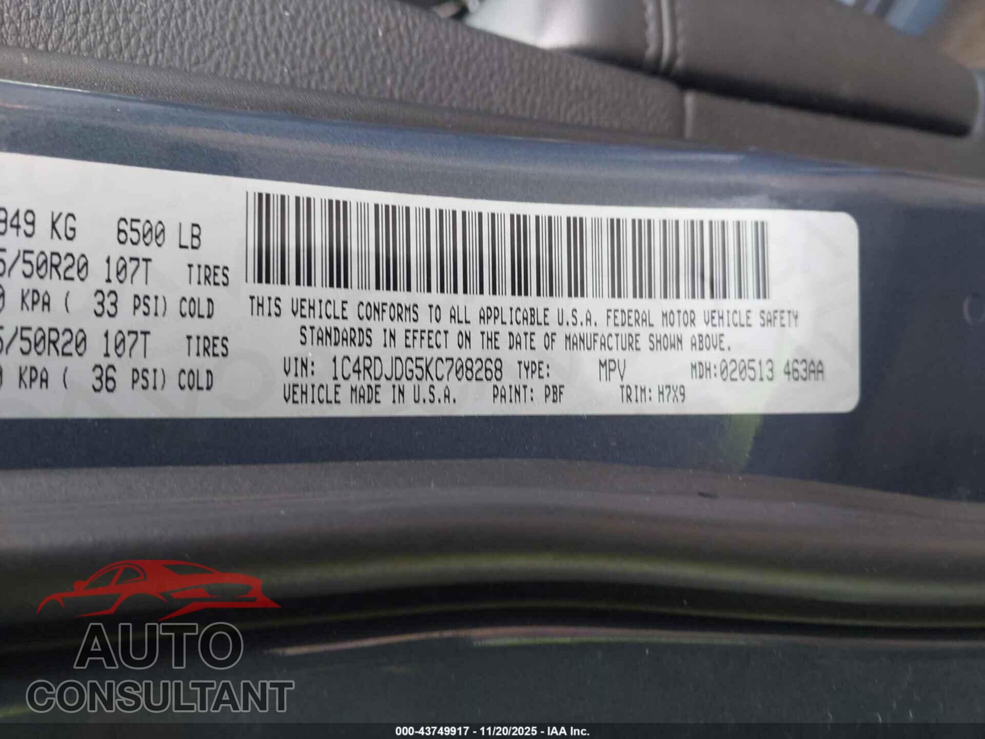 DODGE DURANGO 2019 - 1C4RDJDG5KC708268