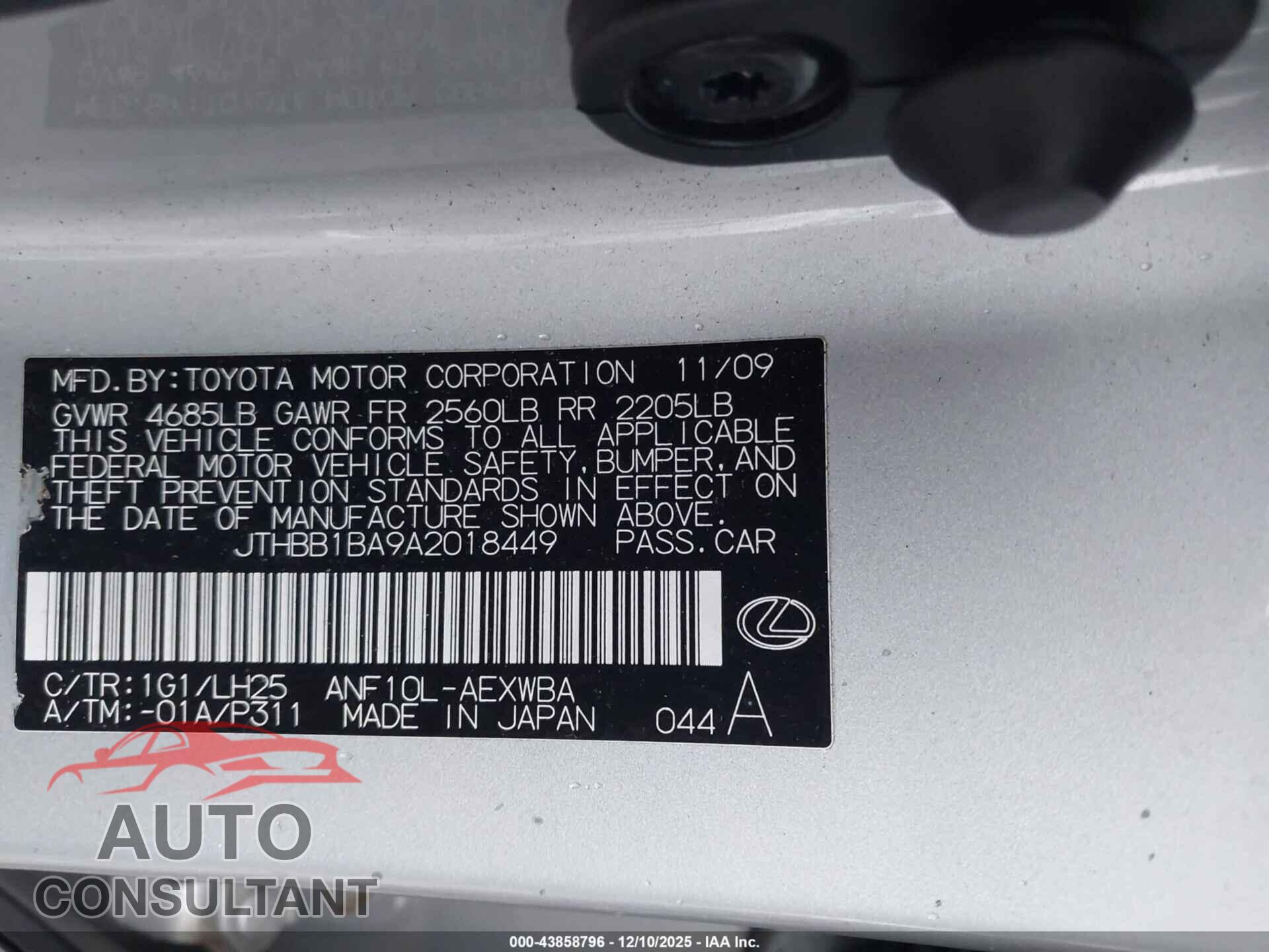 LEXUS HS 250H 2010 - JTHBB1BA9A2018449