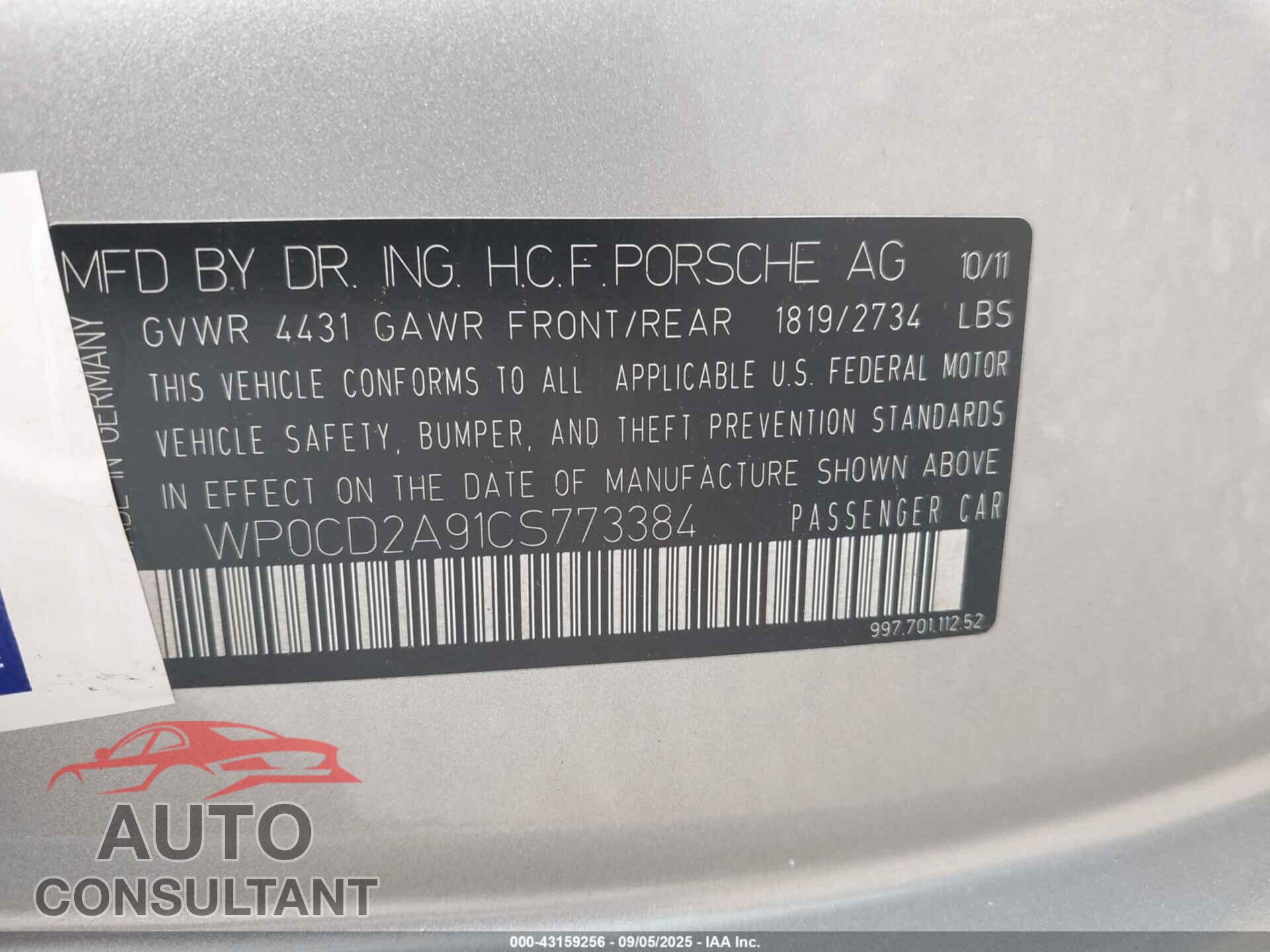 PORSCHE 911 2012 - WP0CD2A91CS773384
