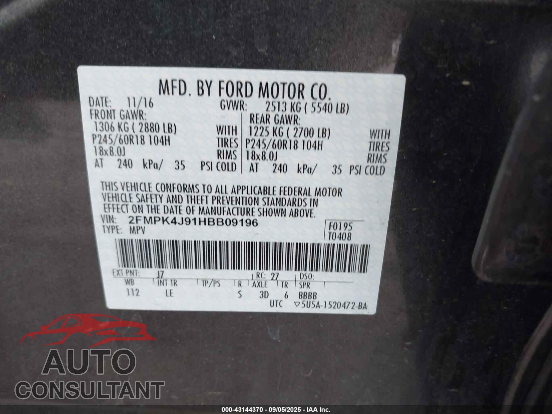 FORD EDGE 2017 - 2FMPK4J91HBB09196