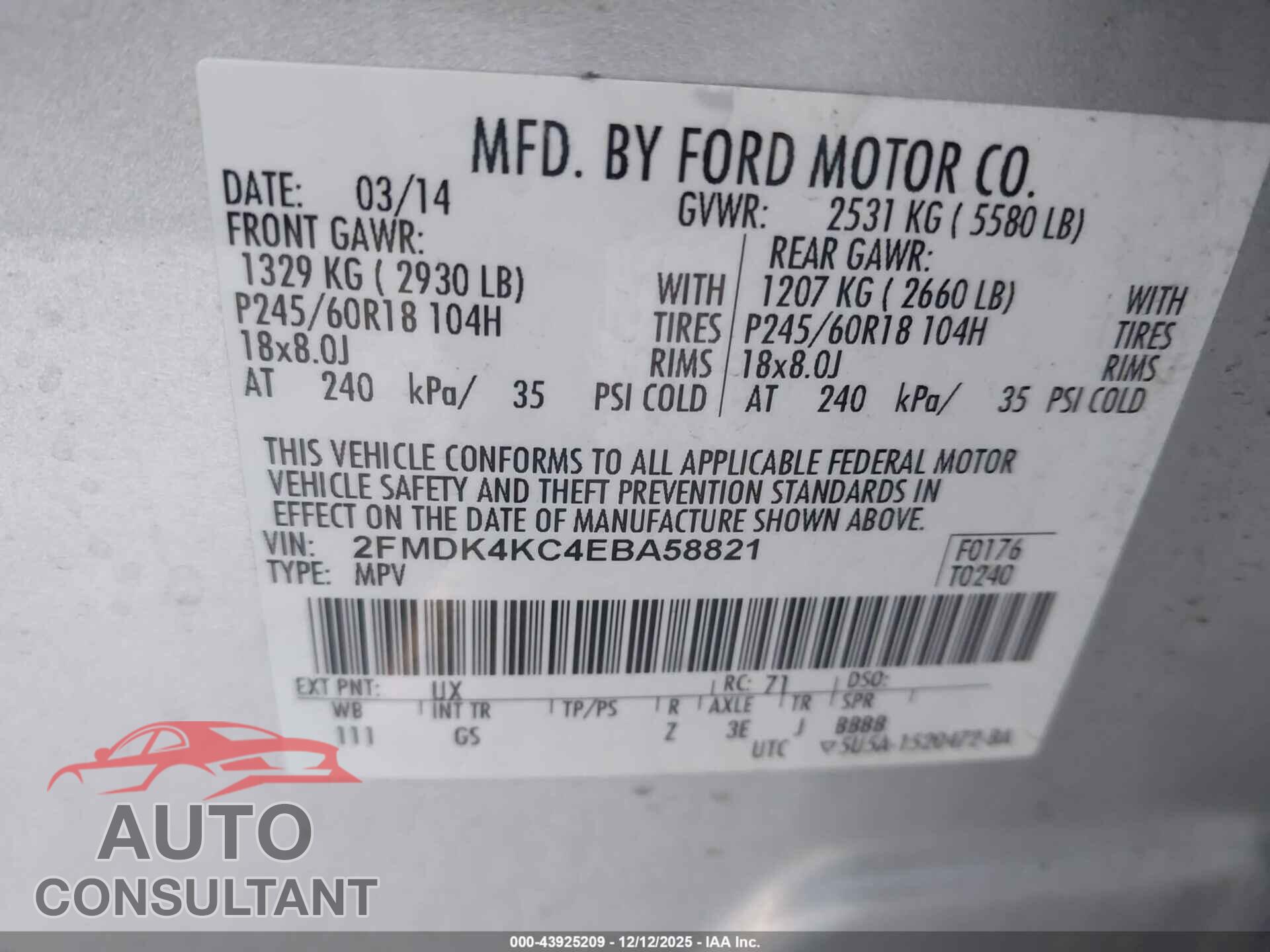 FORD EDGE 2014 - 2FMDK4KC4EBA58821