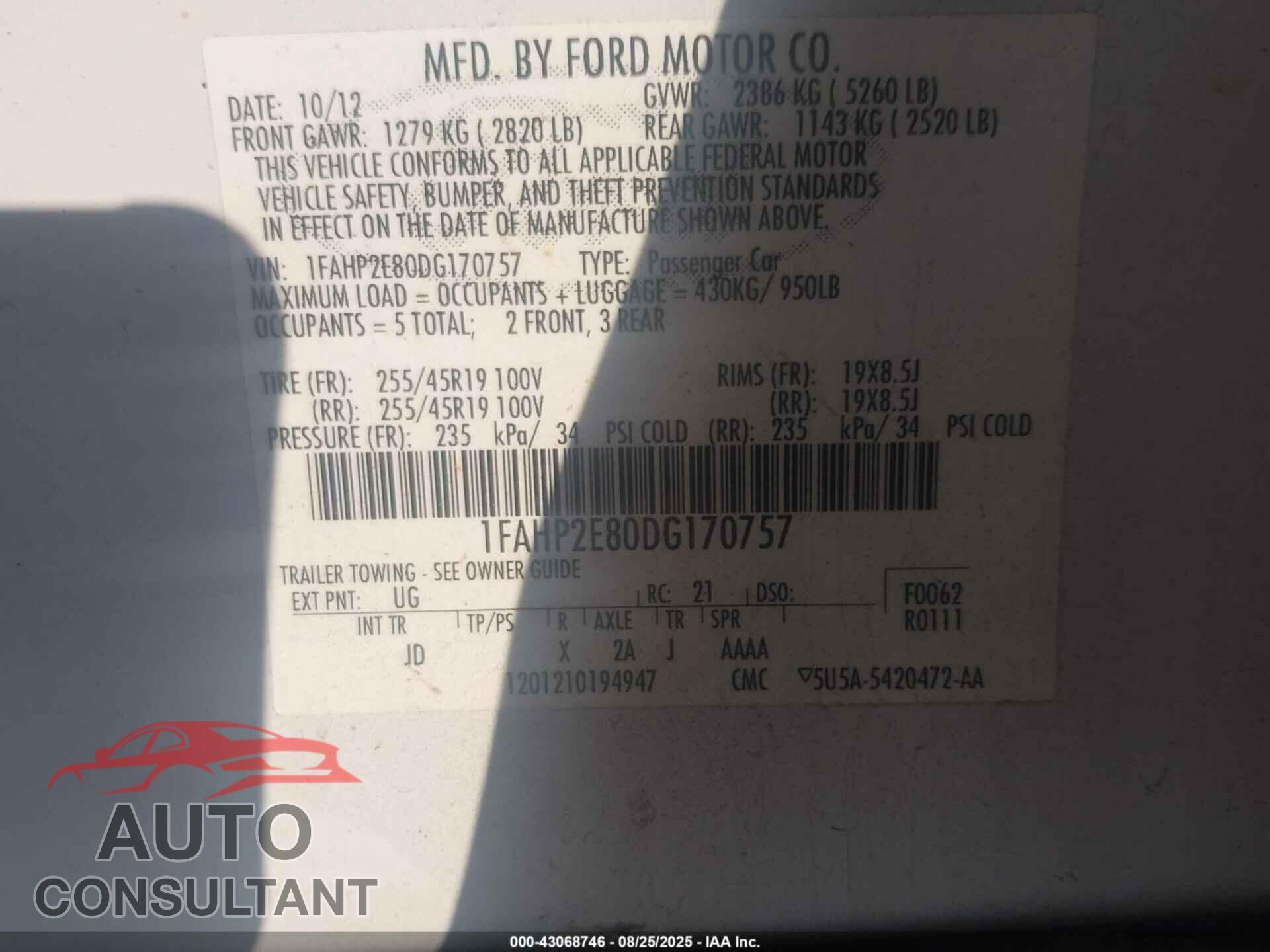 FORD TAURUS 2013 - 1FAHP2E80DG170757