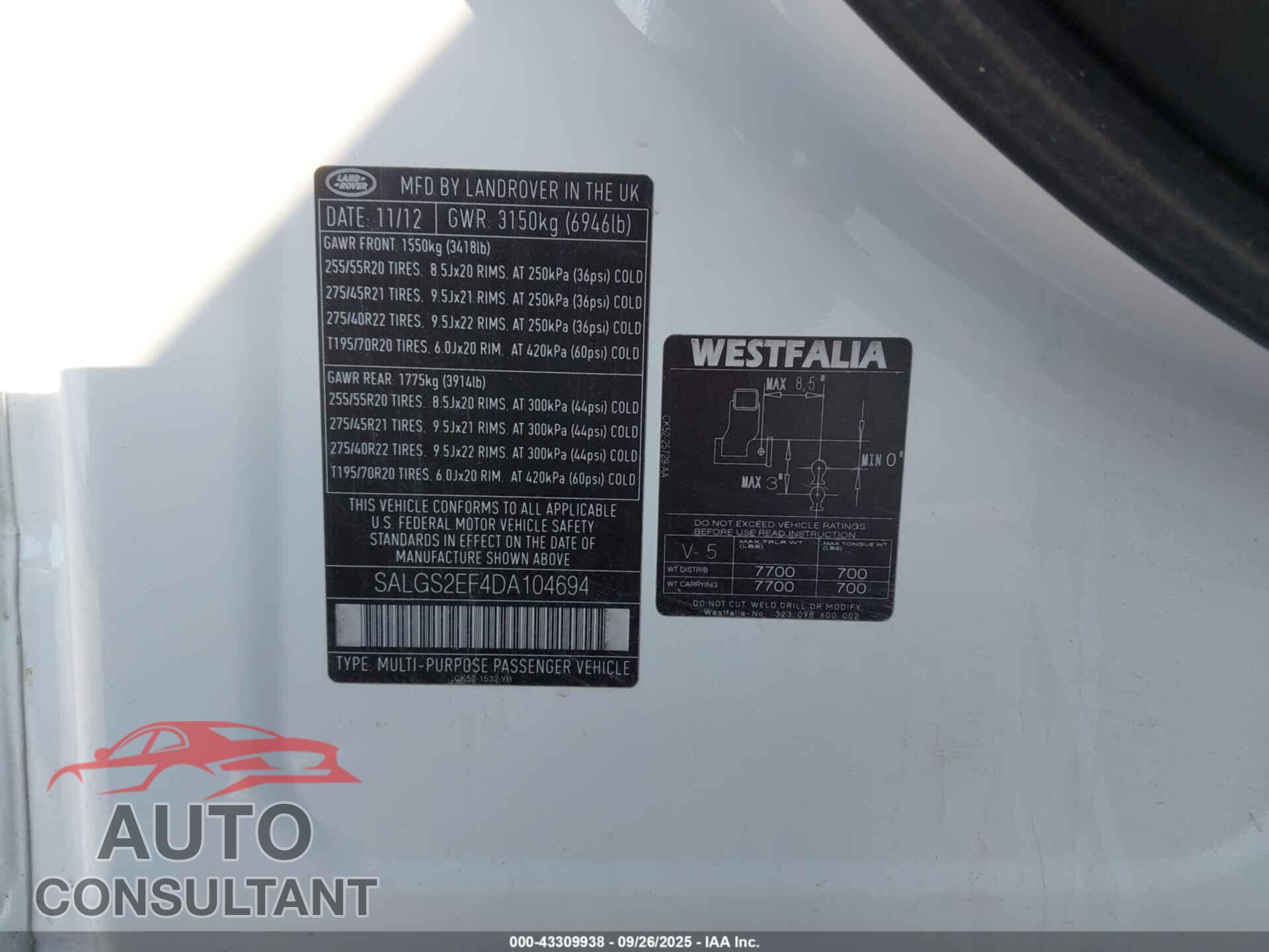 LAND ROVER RANGE ROVER 2013 - SALGS2EF4DA104694