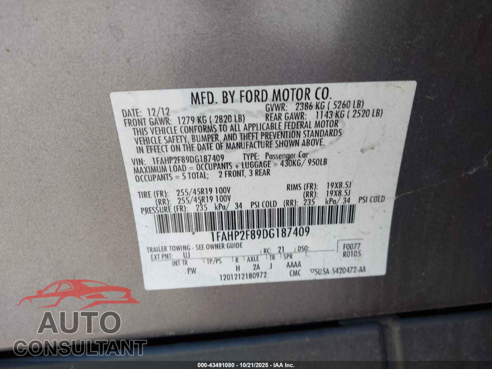 FORD TAURUS 2013 - 1FAHP2F89DG187409