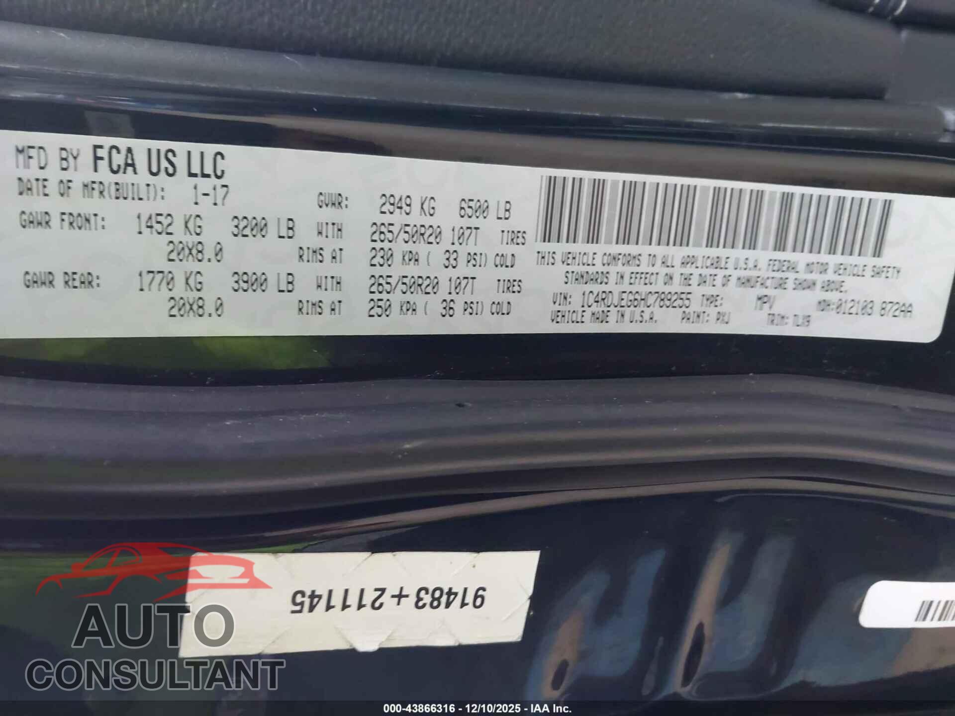 DODGE DURANGO 2017 - 1C4RDJEG6HC789255
