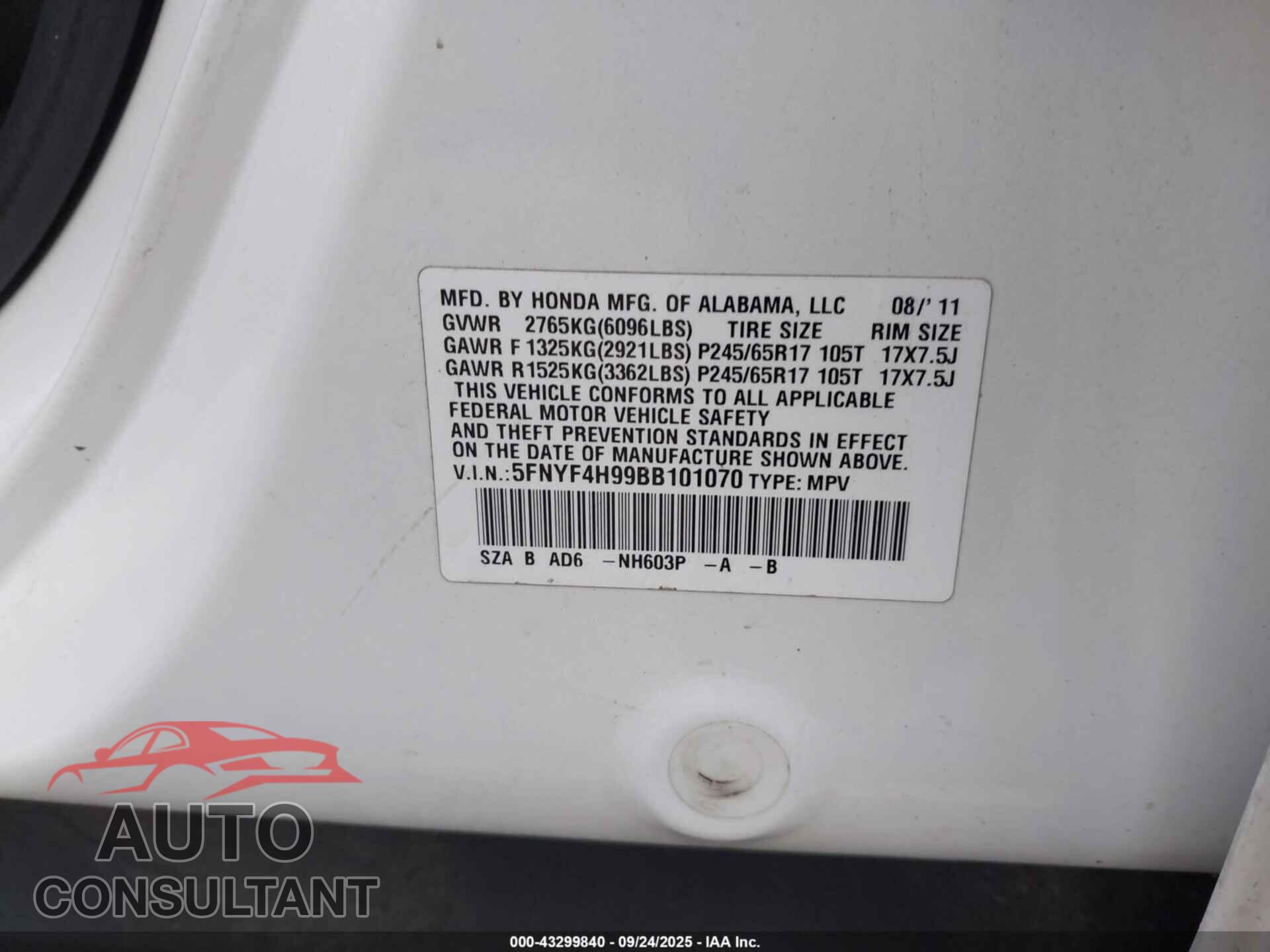 HONDA PILOT 2011 - 5FNYF4H99BB101070