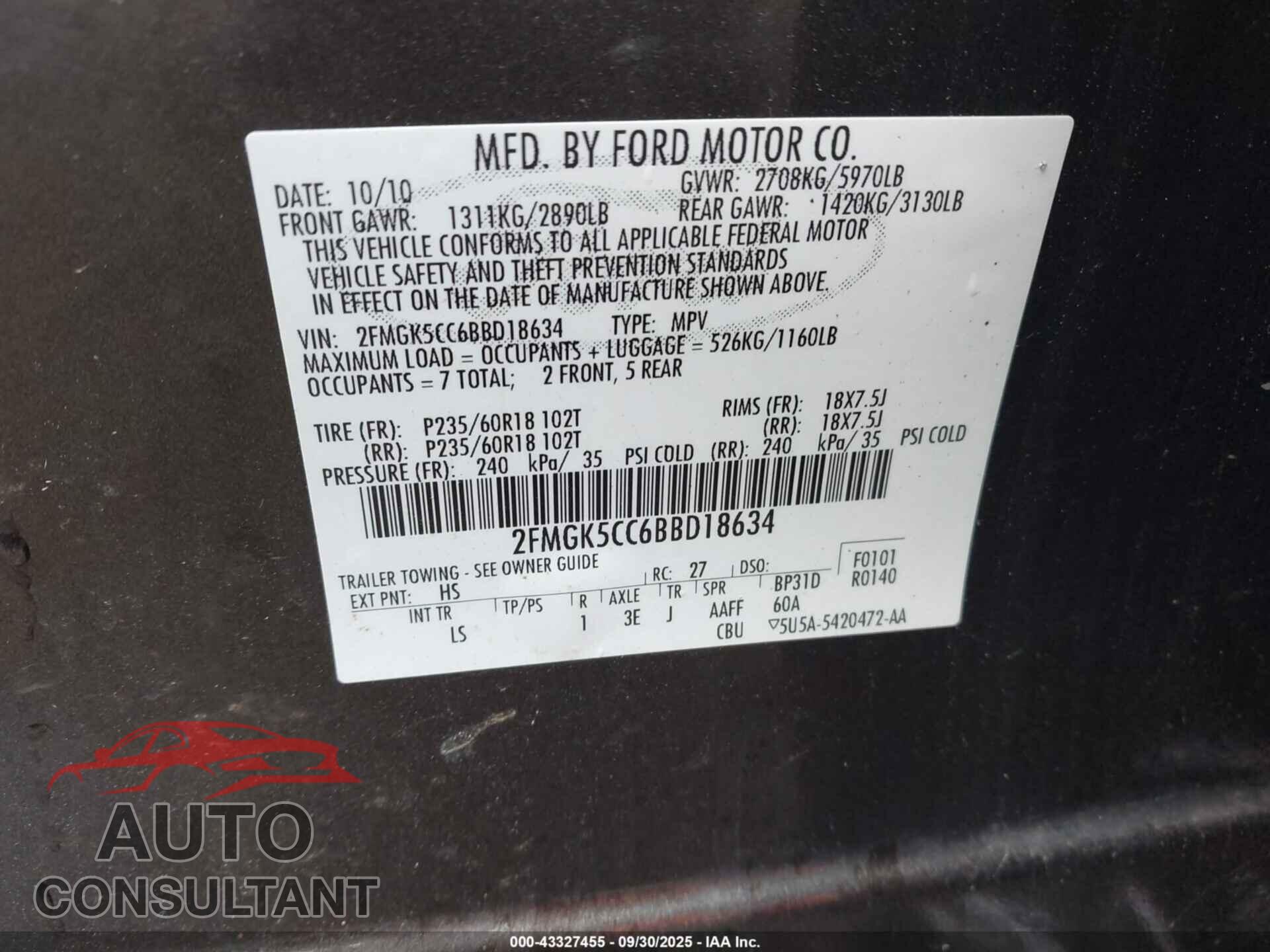 FORD FLEX 2011 - 2FMGK5CC6BBD18634
