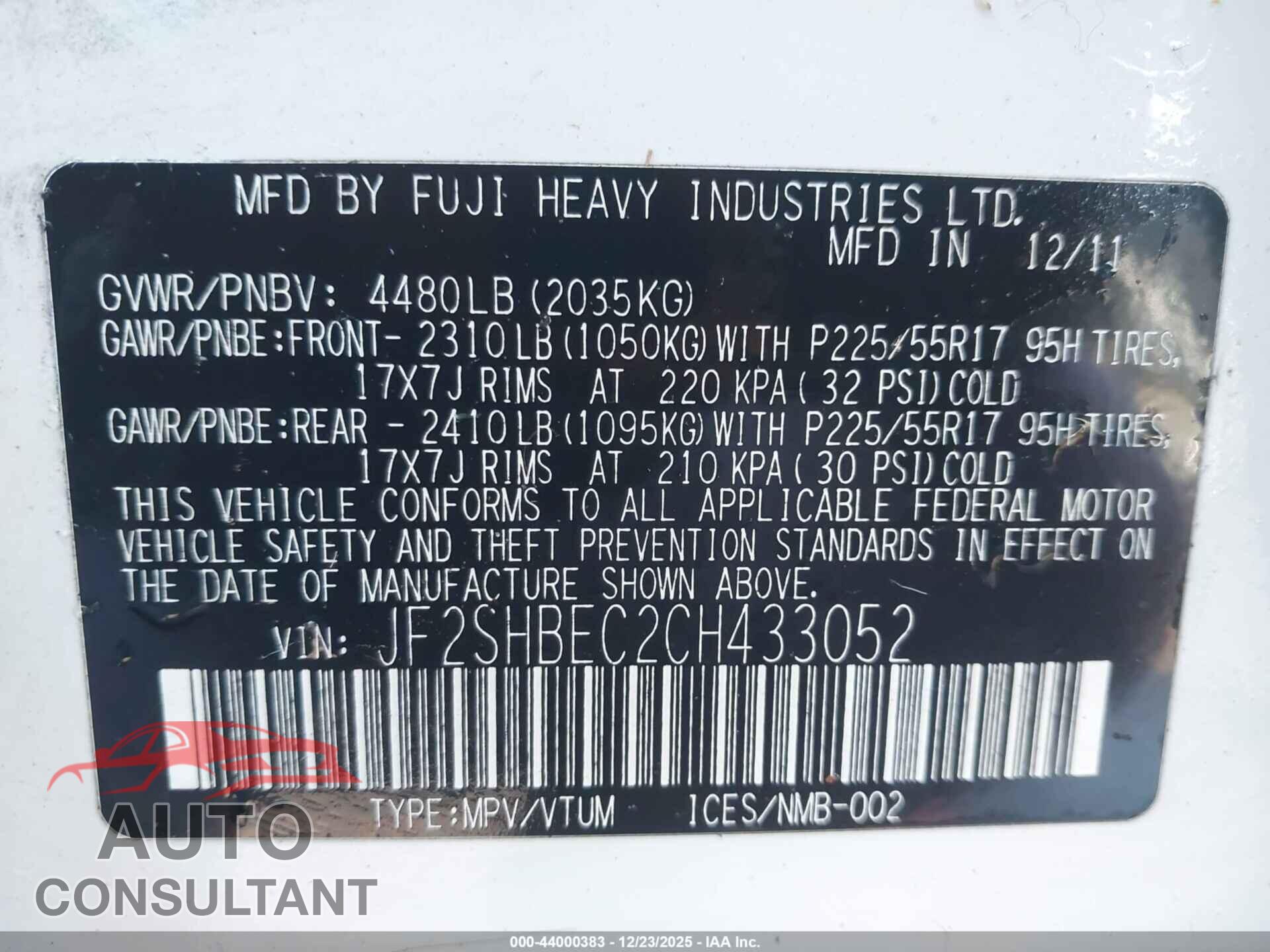 SUBARU FORESTER 2012 - JF2SHBEC2CH433052