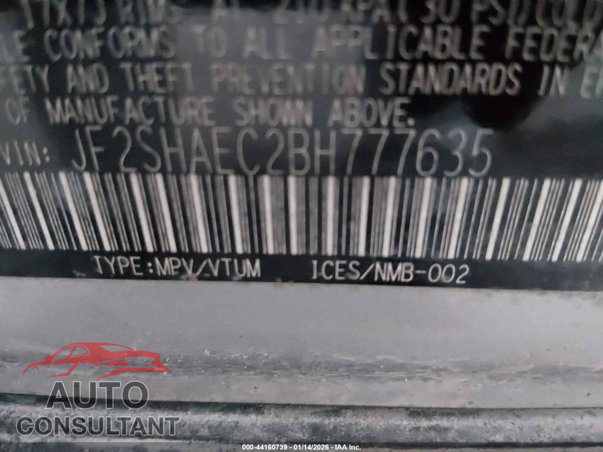 SUBARU FORESTER 2011 - JF2SHAEC2BH777635