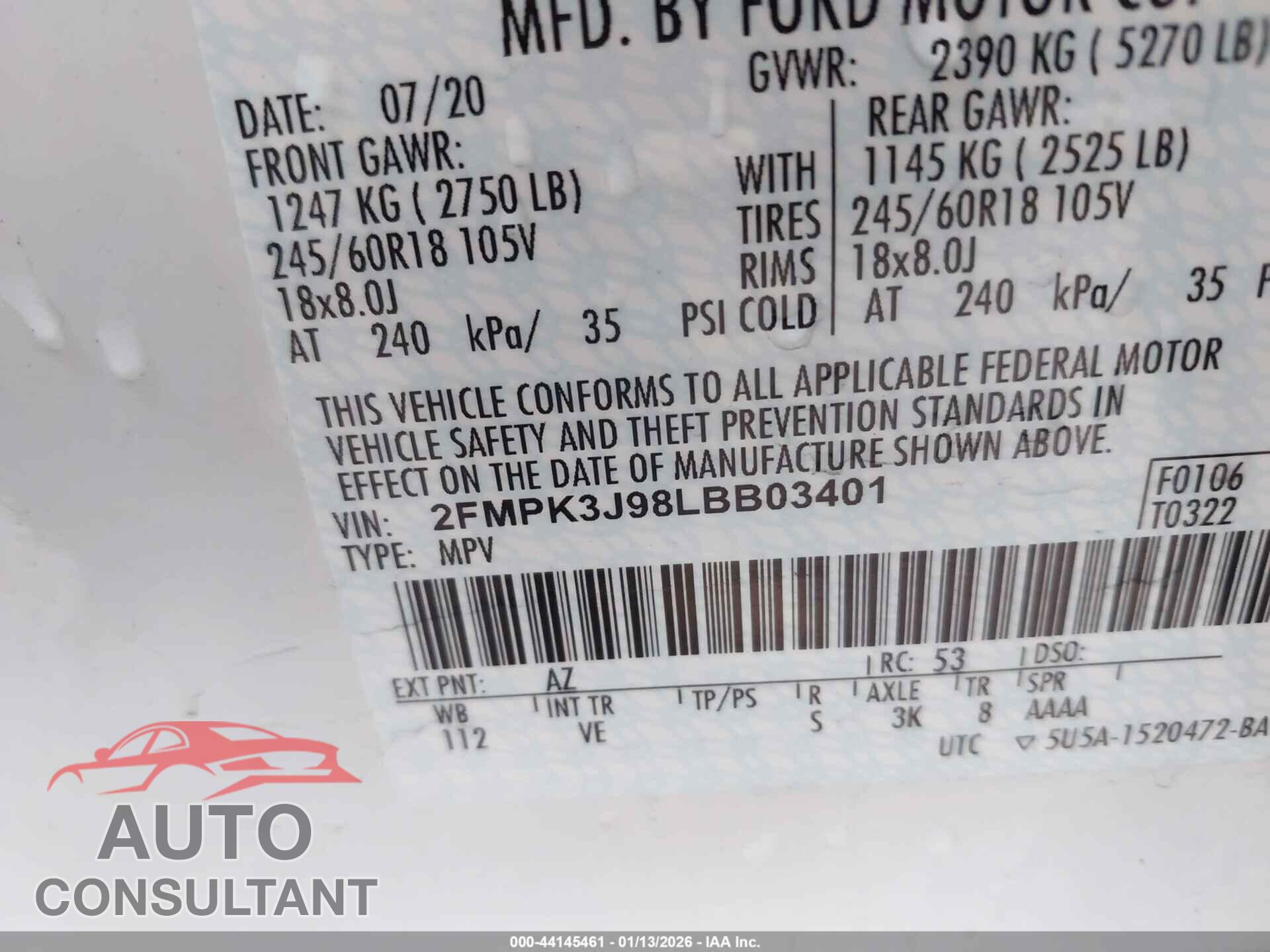 FORD EDGE 2020 - 2FMPK3J98LBB03401