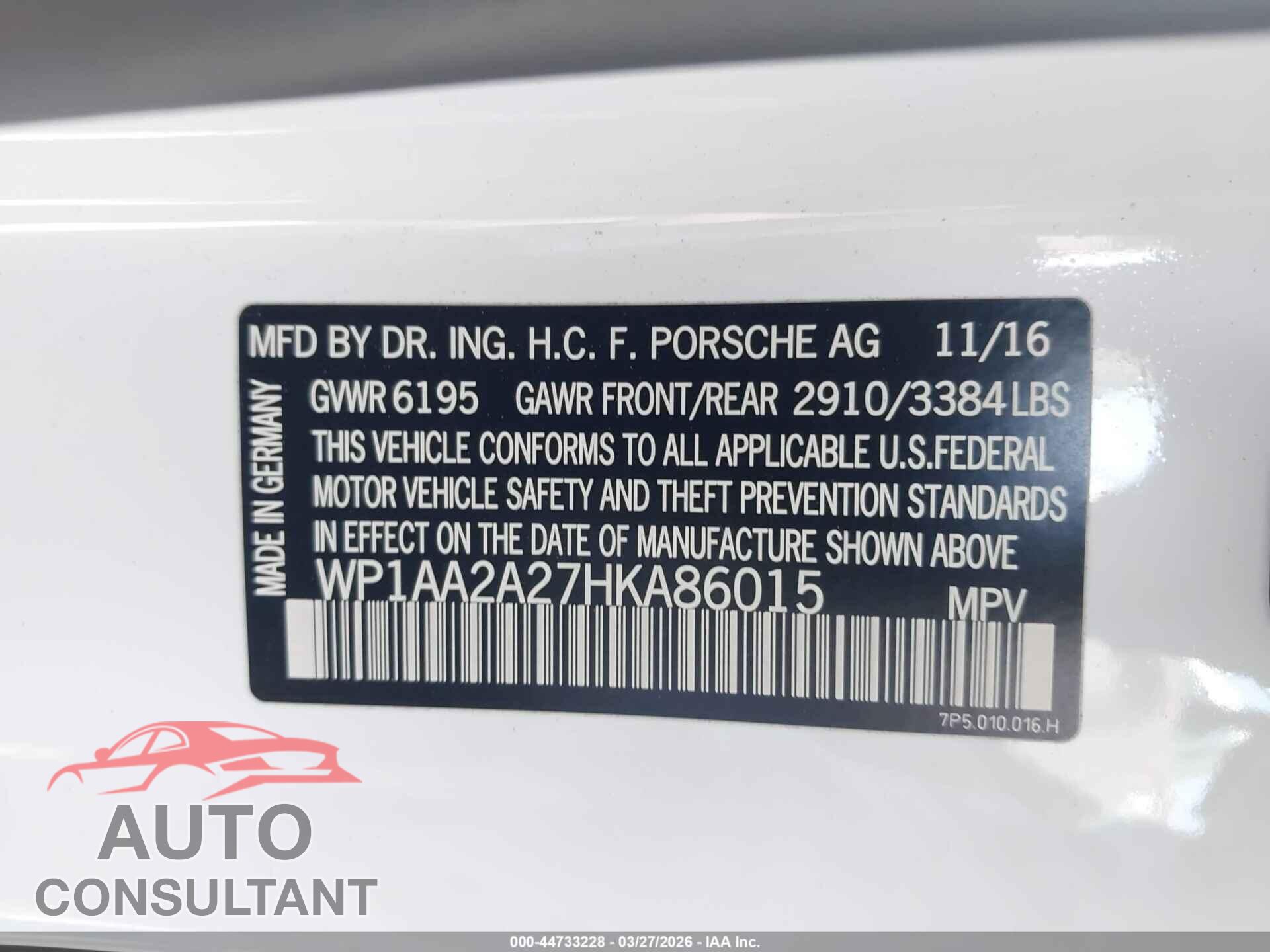 PORSCHE CAYENNE 2017 - WP1AA2A27HKA86015