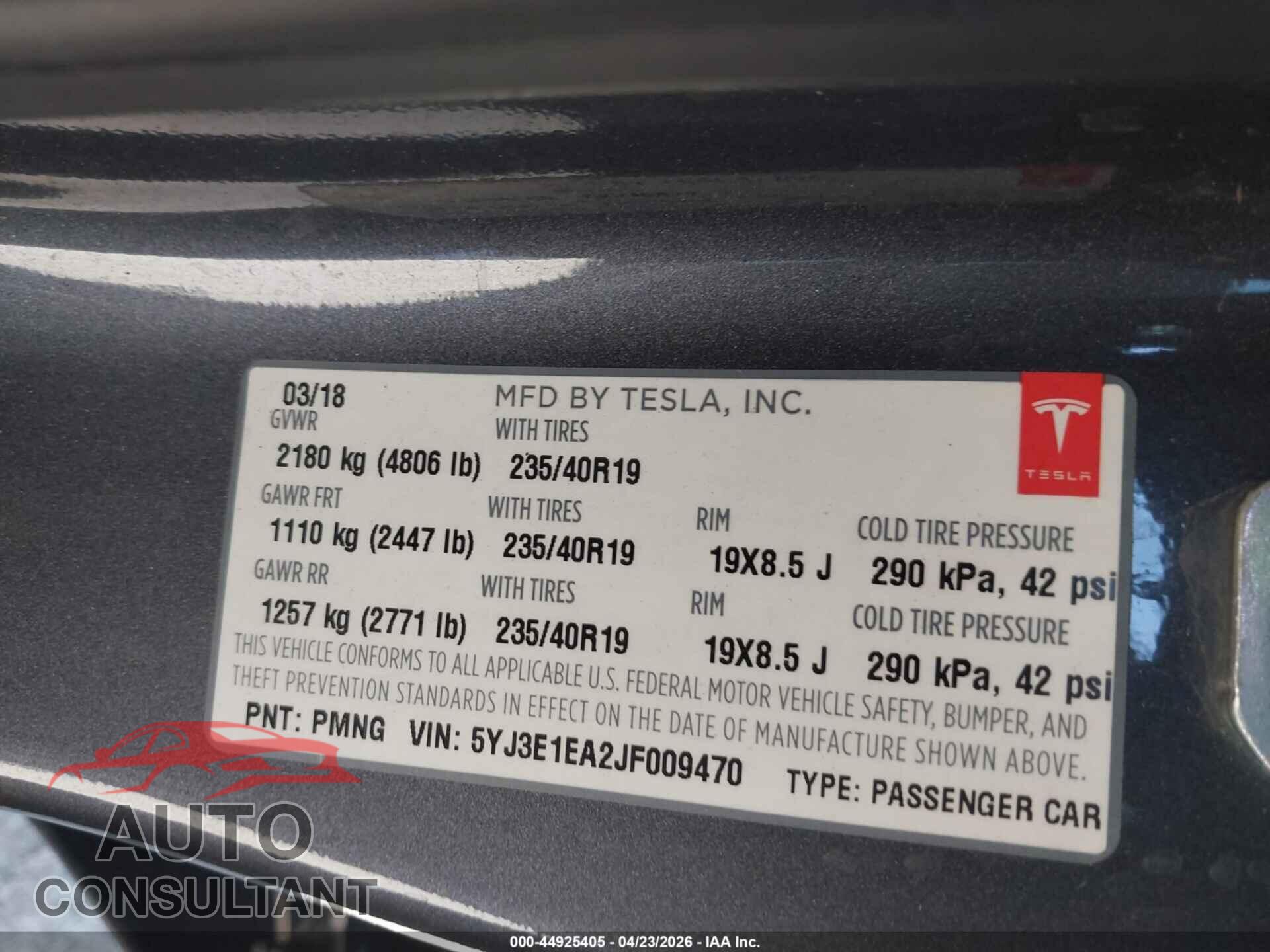 TESLA MODEL 3 2018 - 5YJ3E1EA2JF009470