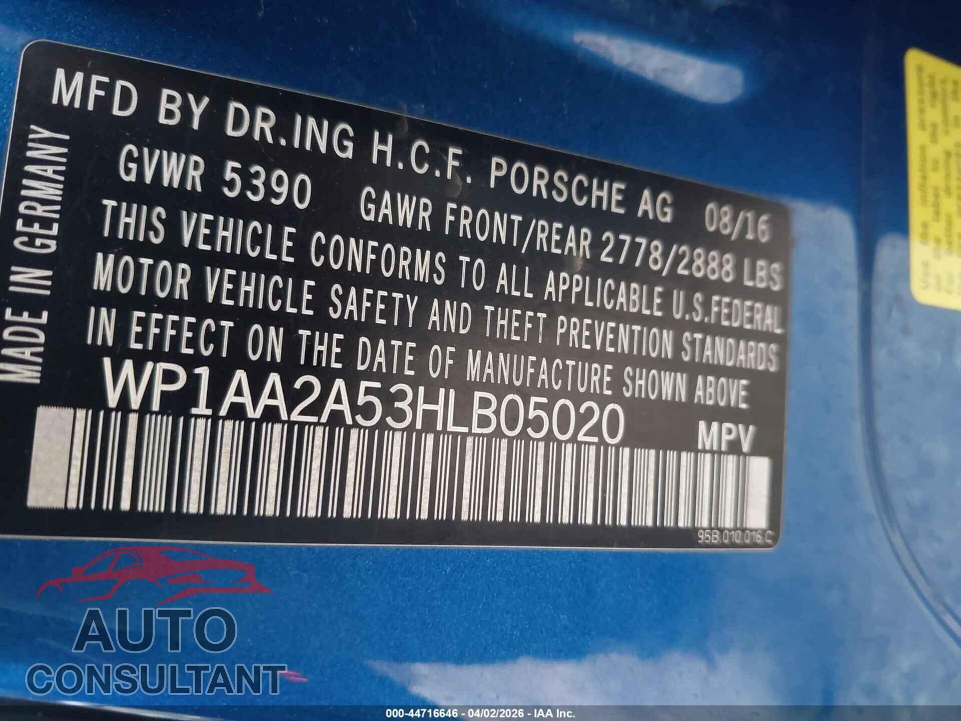 PORSCHE MACAN 2017 - WP1AA2A53HLB05020