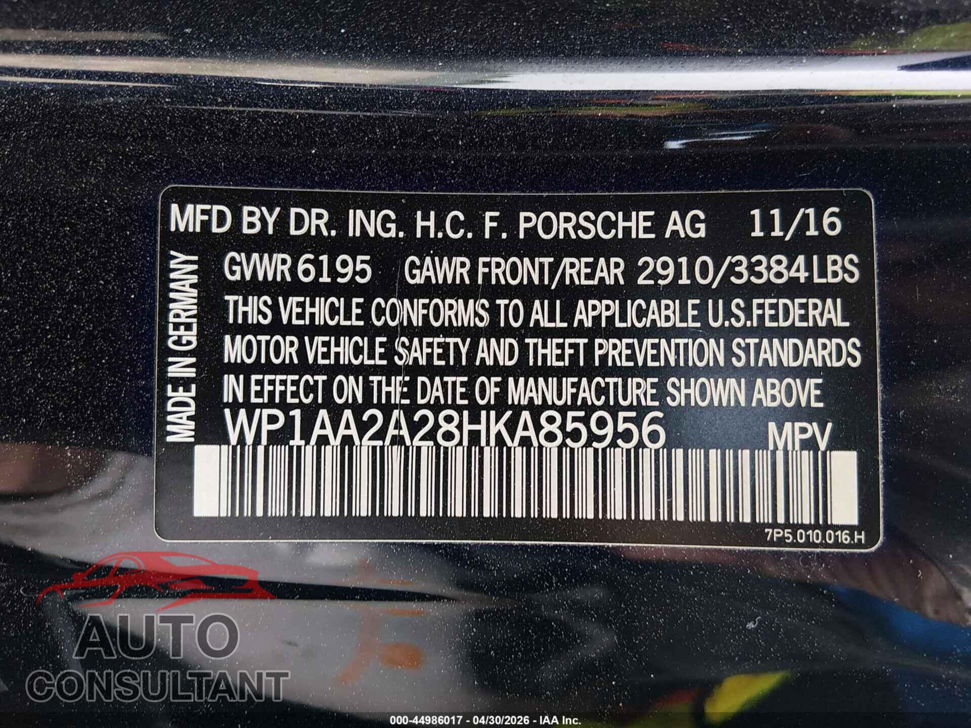 PORSCHE CAYENNE 2017 - WP1AA2A28HKA85956