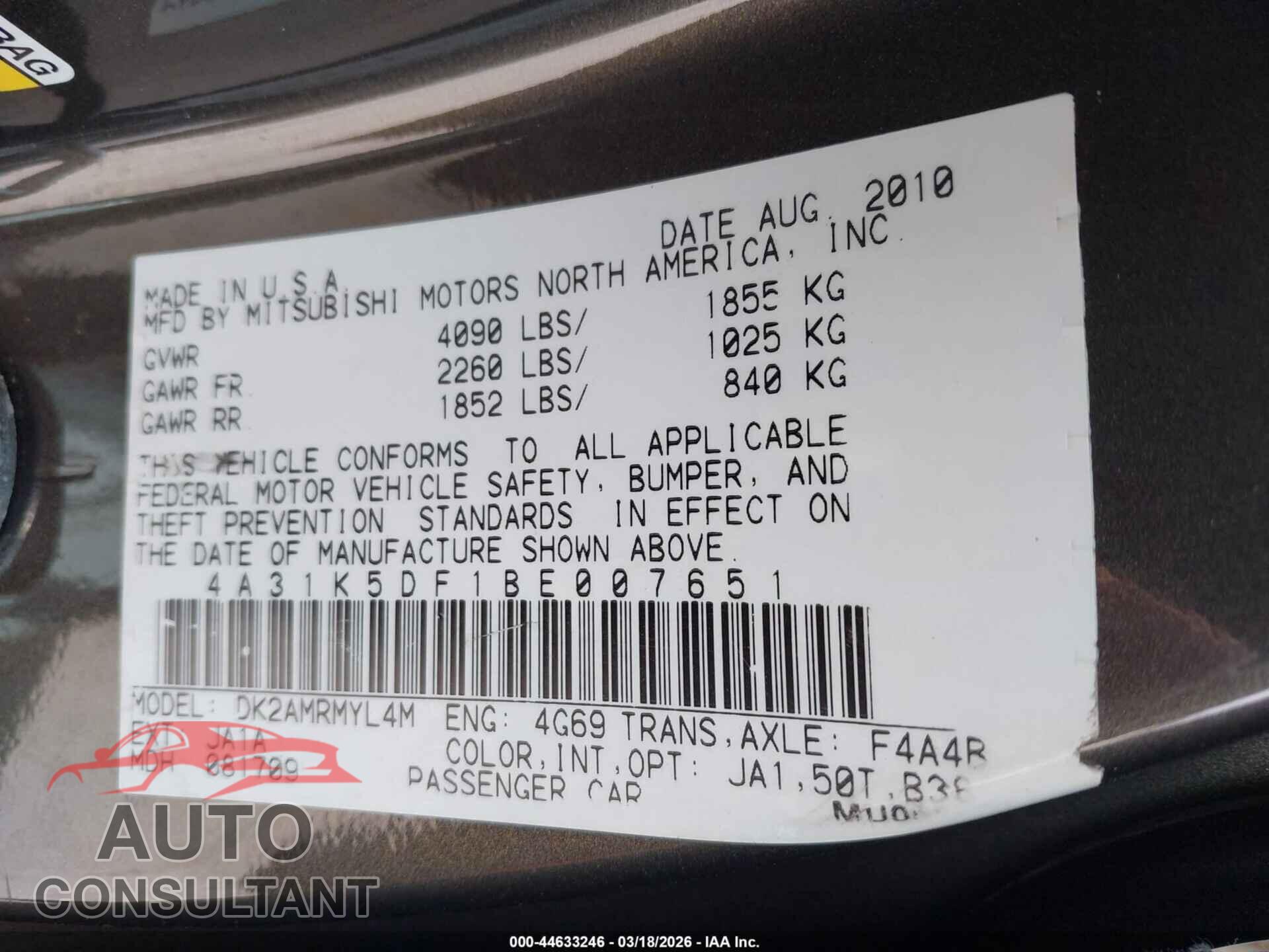 MITSUBISHI ECLIPSE 2011 - 4A31K5DF1BE007651