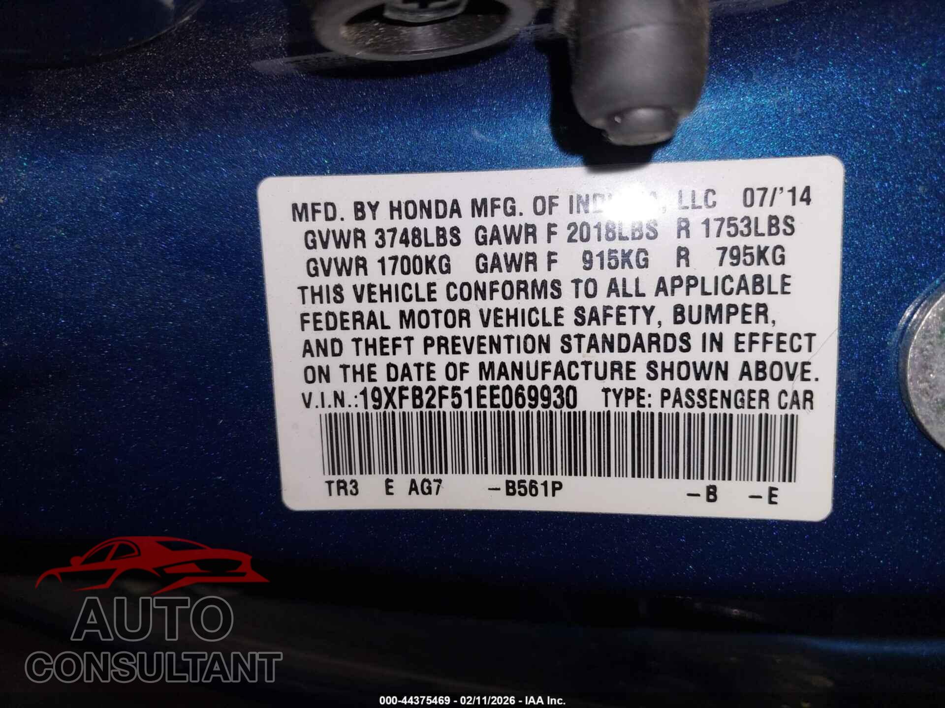 HONDA CIVIC 2014 - 19XFB2F51EE069930