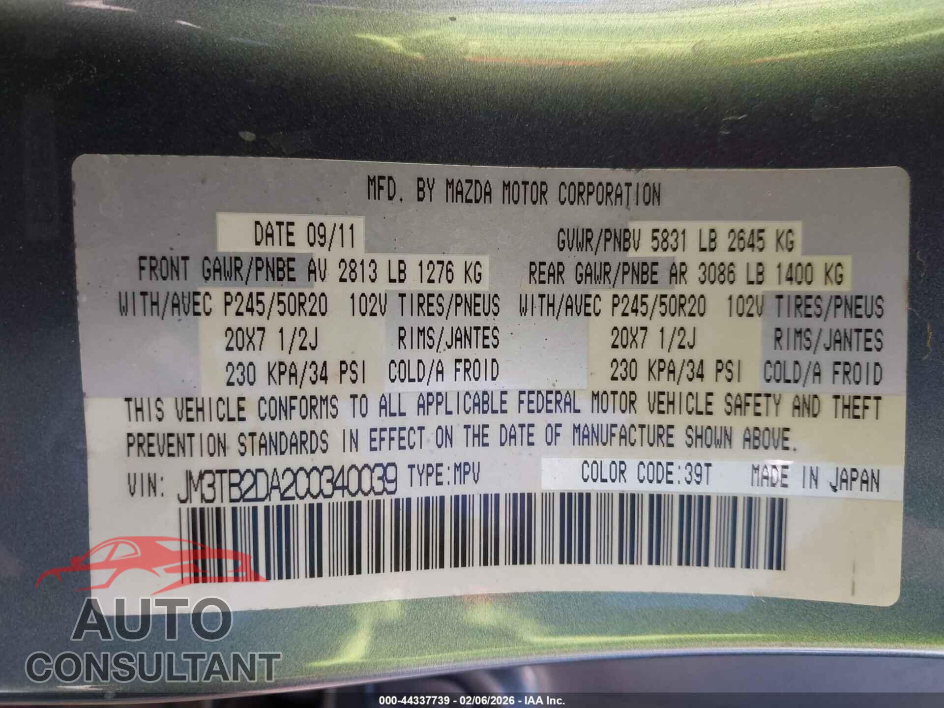 MAZDA CX-9 2012 - JM3TB2DA2C0340039