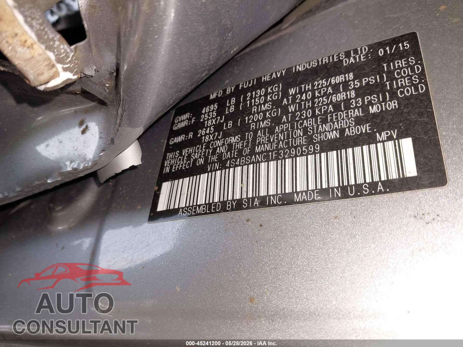 SUBARU OUTBACK 2015 - 4S4BSANC1F3290599