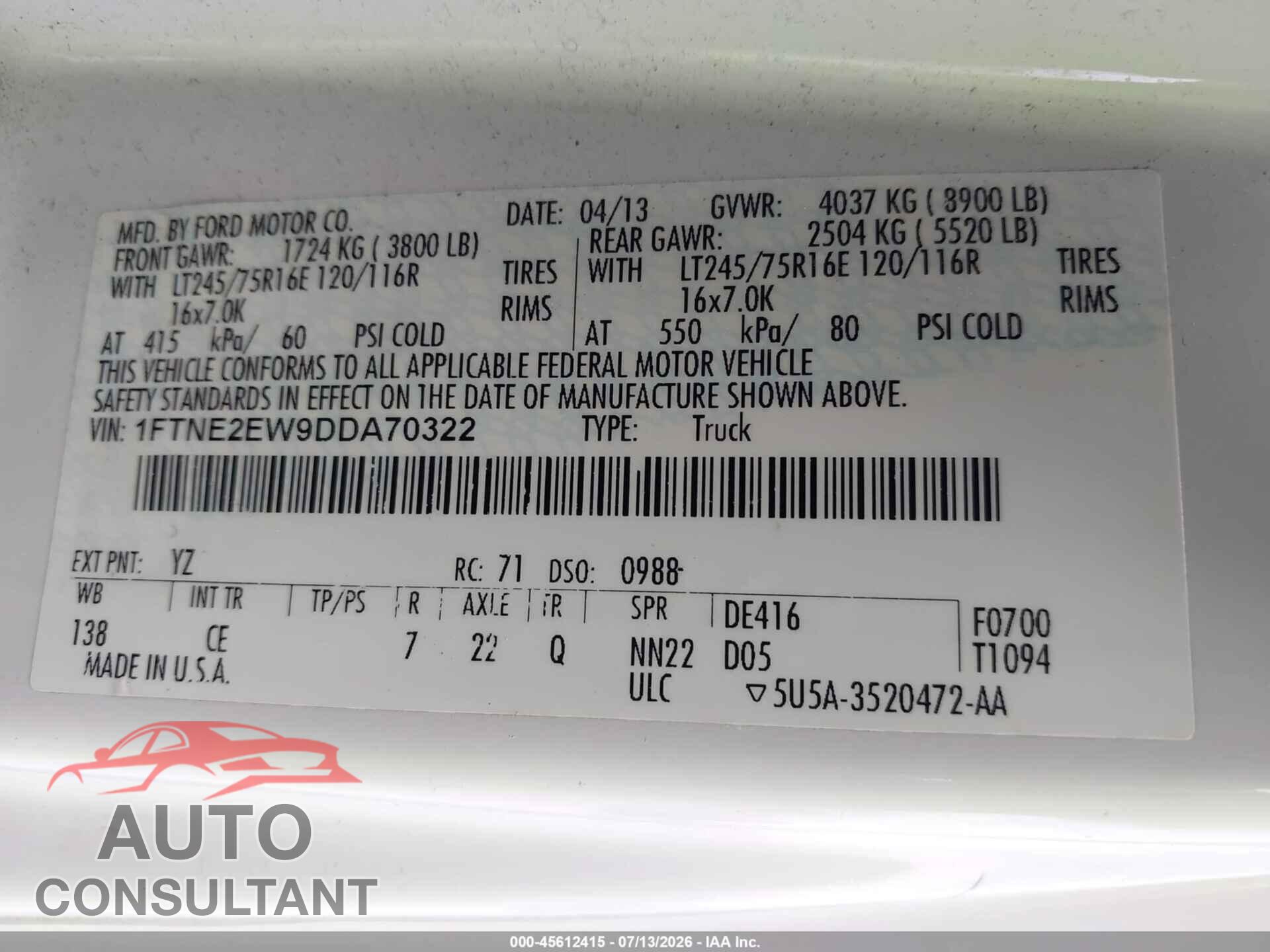 FORD E-250 2013 - 1FTNE2EW9DDA70322