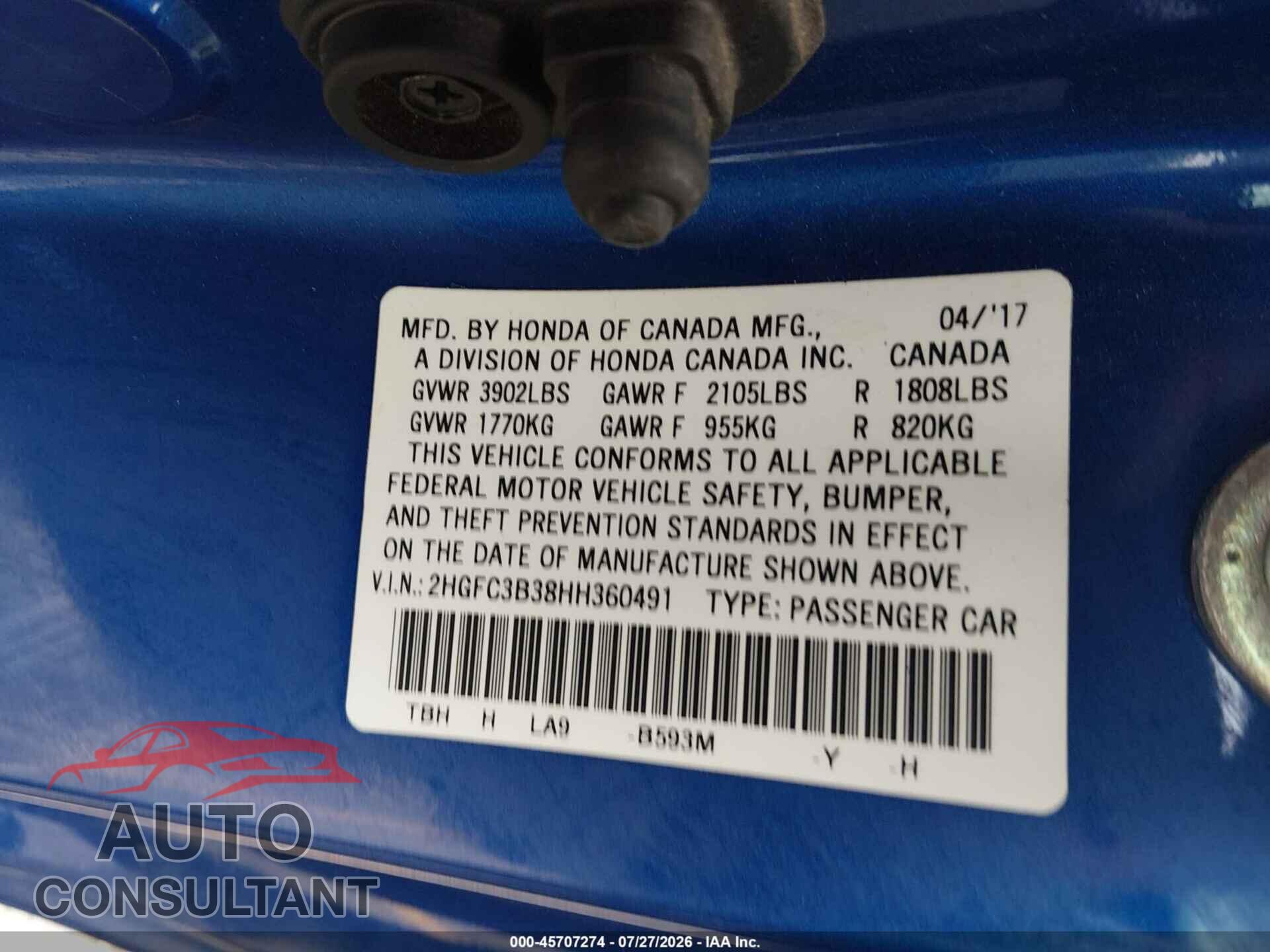 HONDA CIVIC 2017 - 2HGFC3B38HH360491