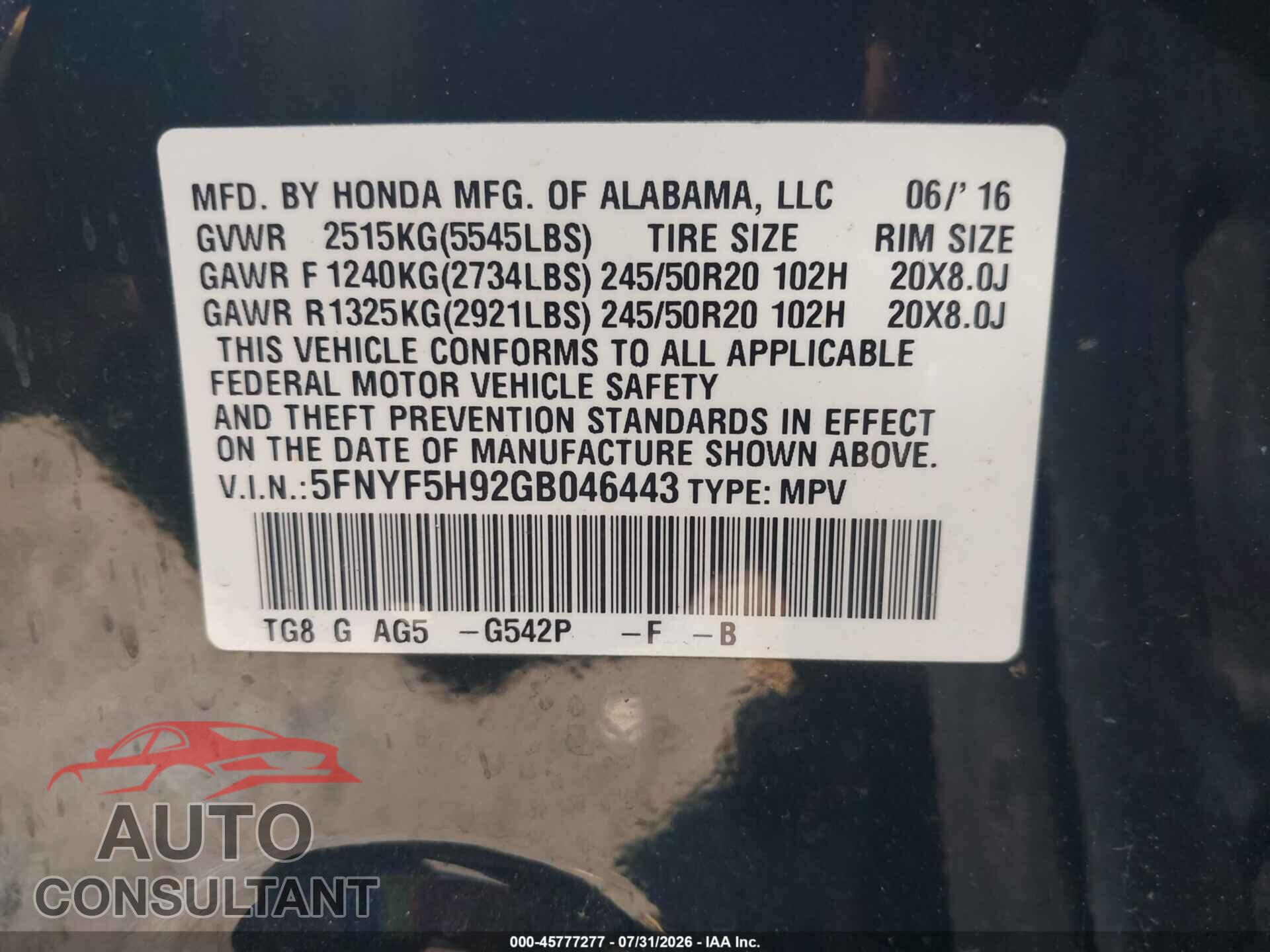 HONDA PILOT 2016 - 5FNYF5H92GB046443