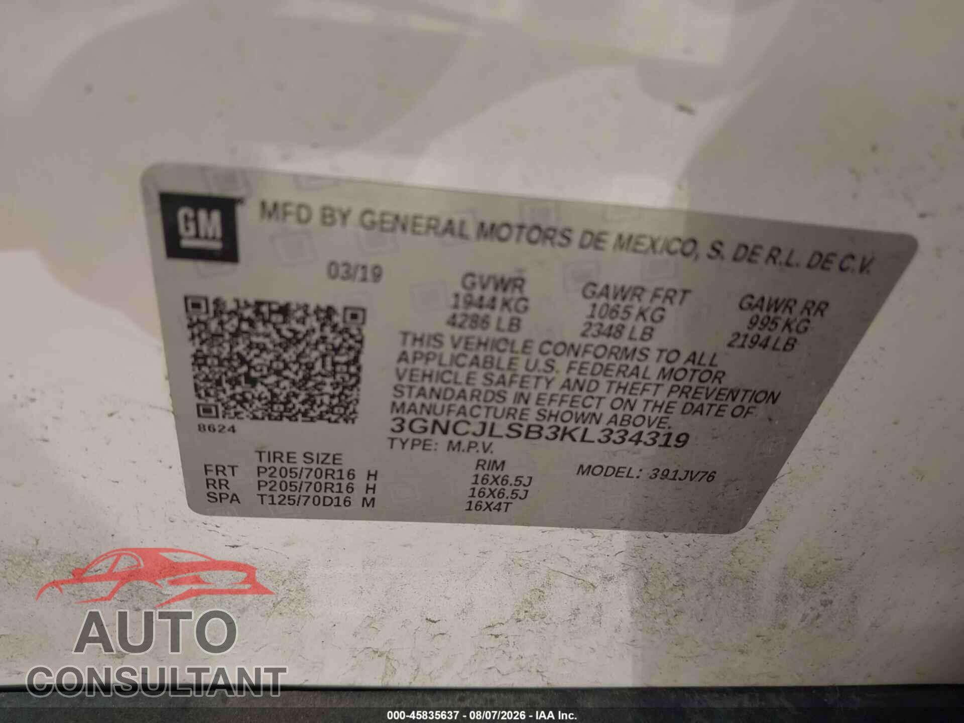 CHEVROLET TRAX 2019 - 3GNCJLSB3KL334319