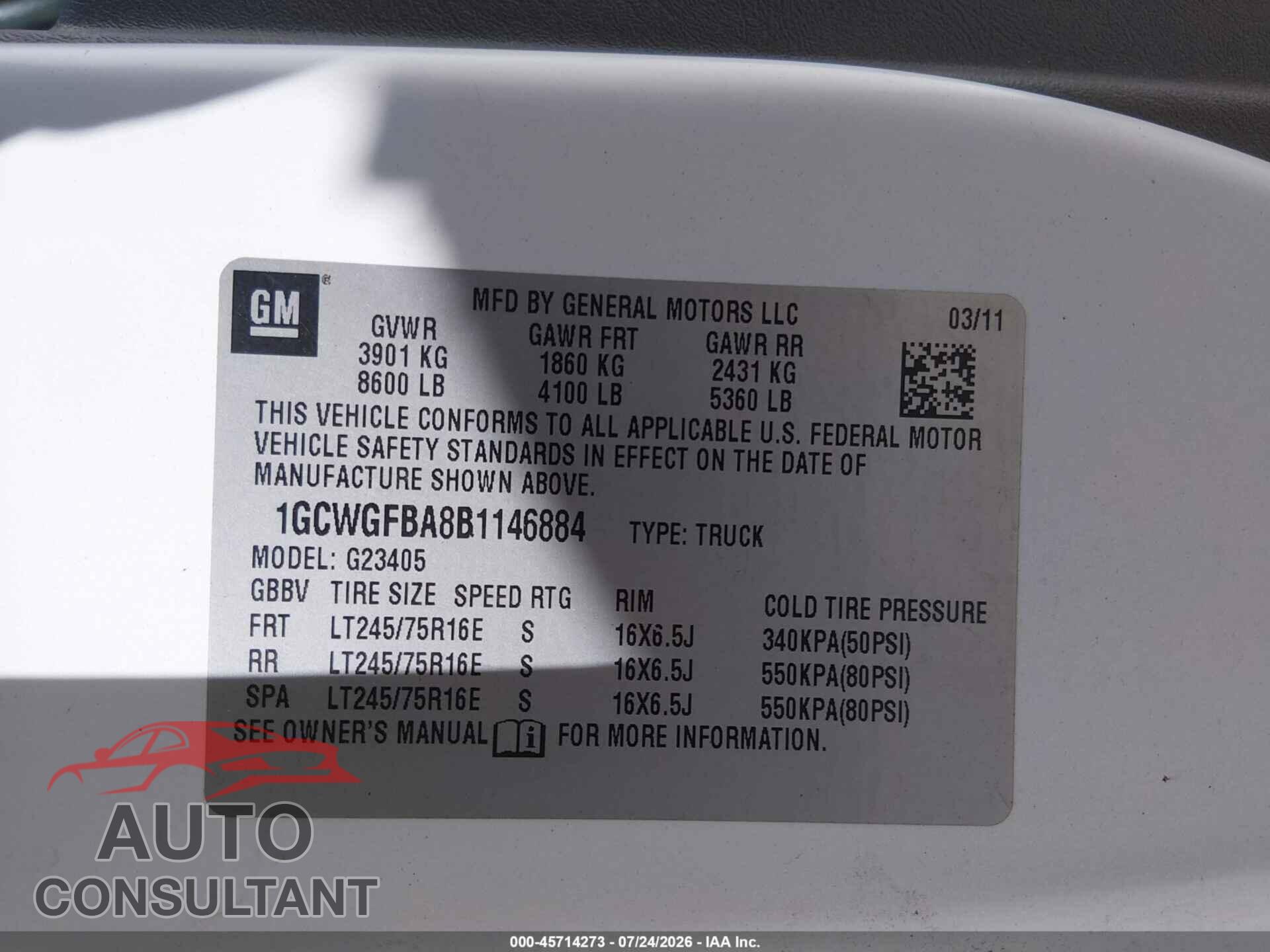 CHEVROLET EXPRESS 2500 2011 - 1GCWGFBA8B1146884
