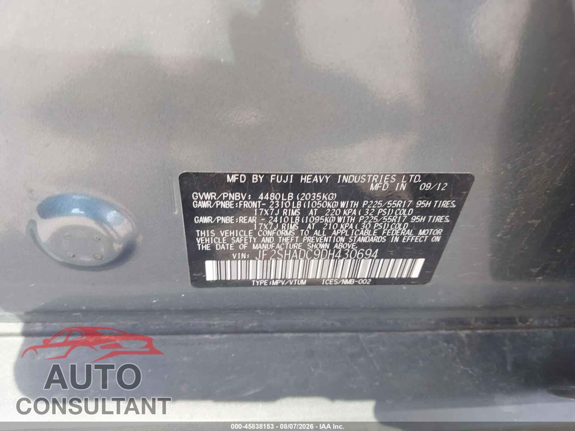 SUBARU FORESTER 2013 - JF2SHADC9DH430694