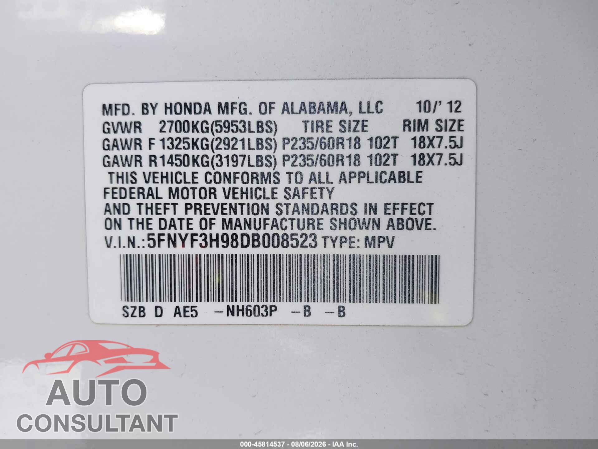 HONDA PILOT 2013 - 5FNYF3H98DB008523