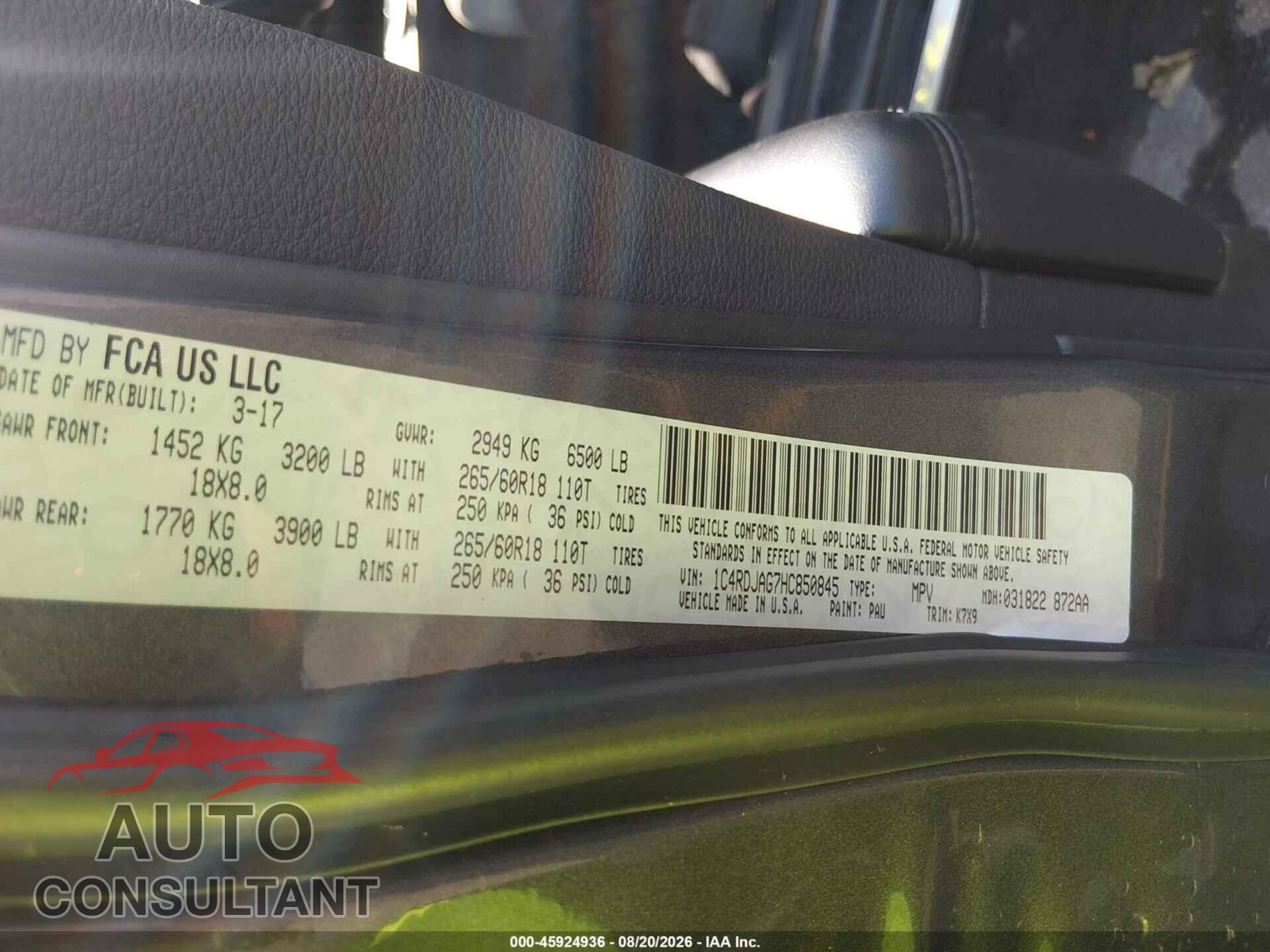 DODGE DURANGO 2017 - 1C4RDJAG7HC850845