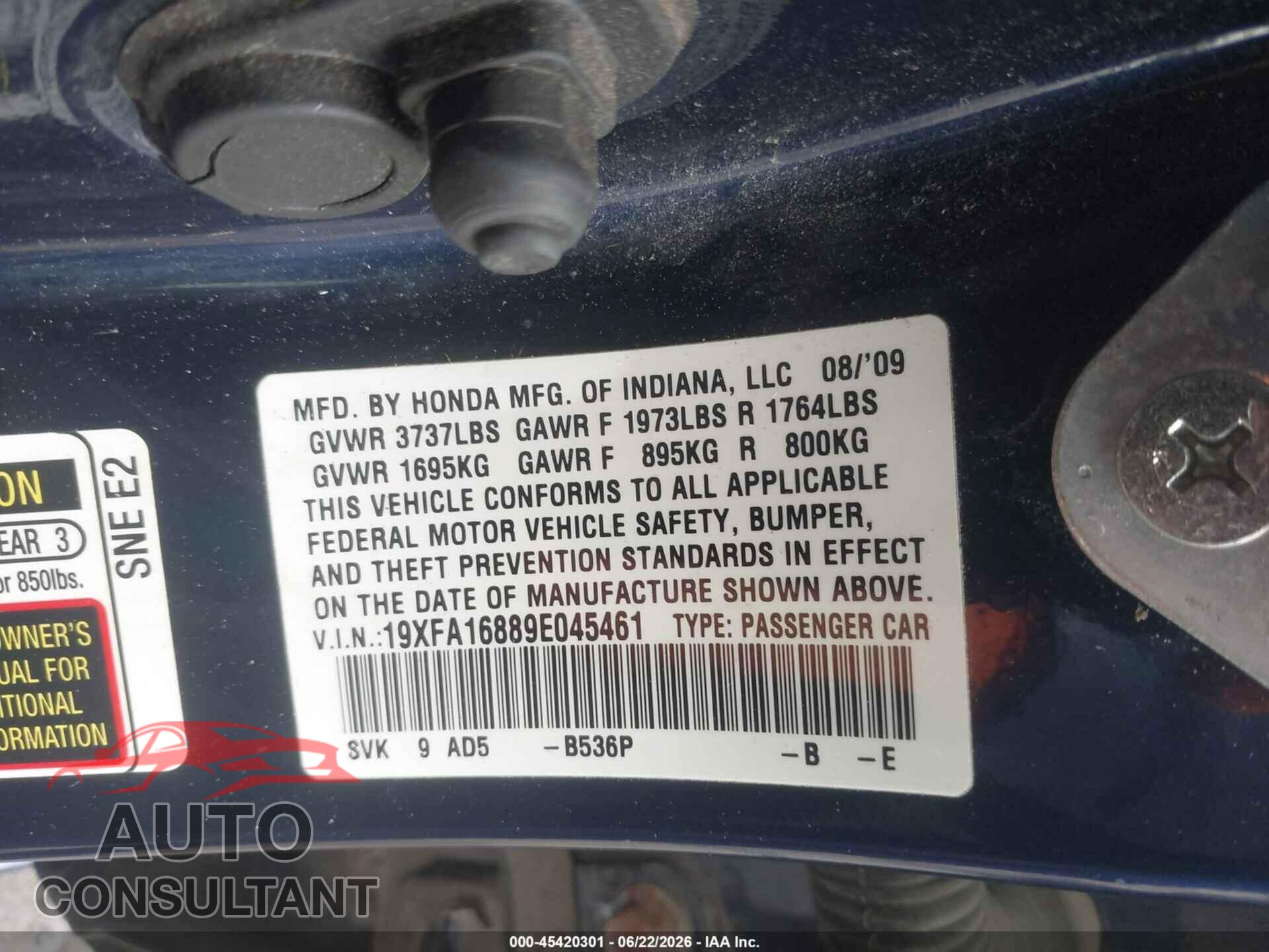 HONDA CIVIC 2009 - 19XFA16889E045461