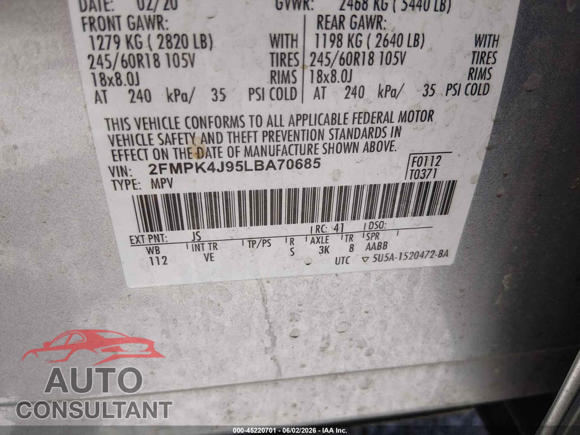 FORD EDGE 2020 - 2FMPK4J95LBA70685