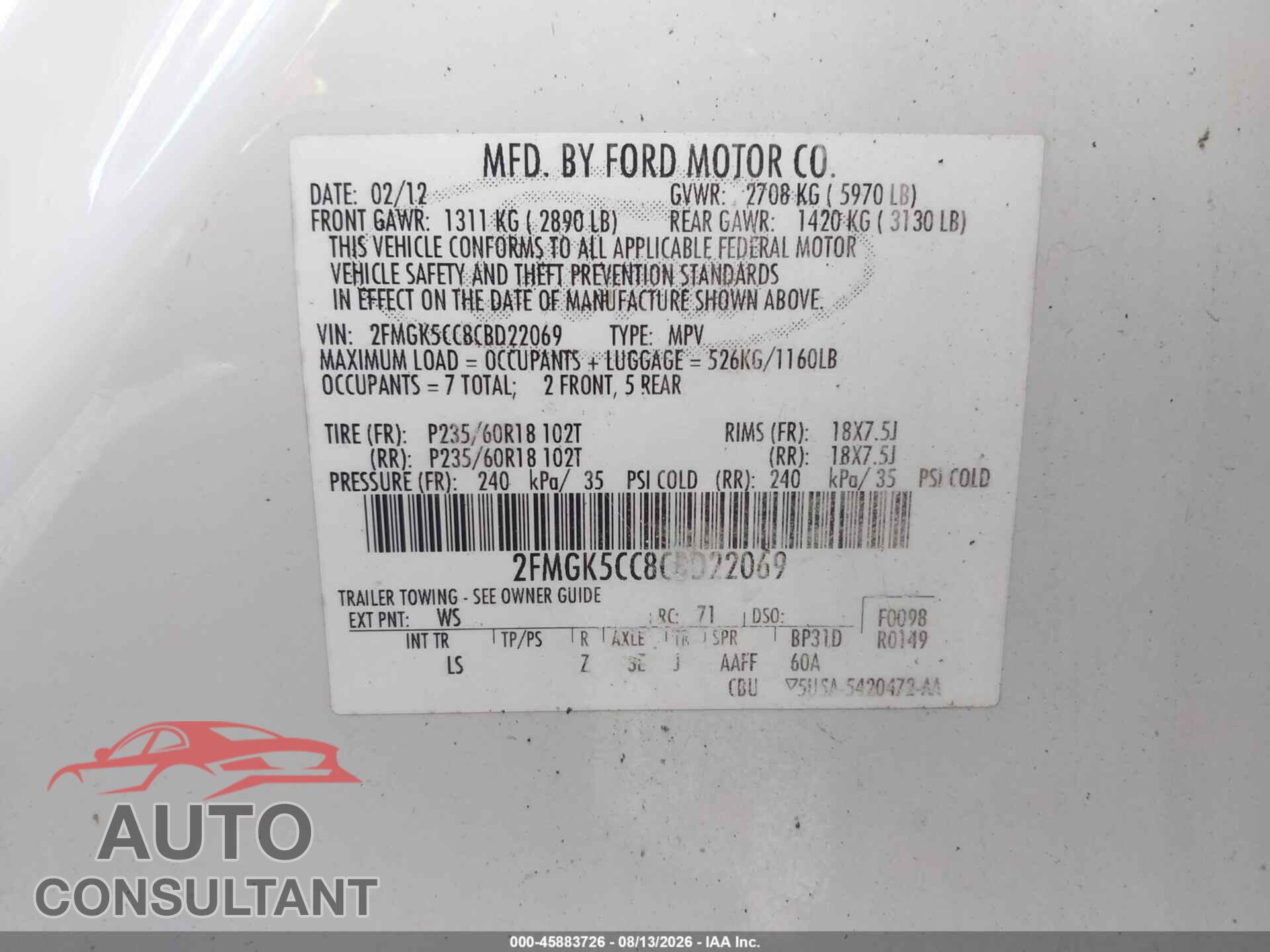 FORD FLEX 2012 - 2FMGK5CC8CBD22069