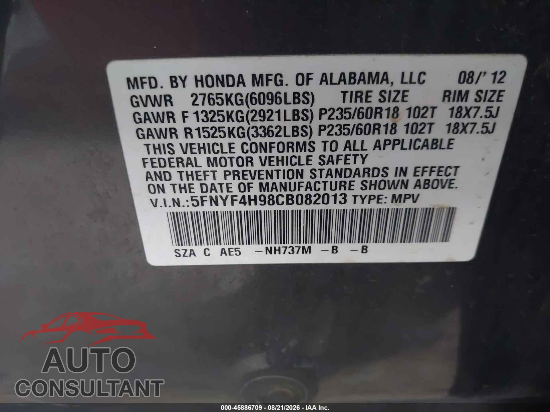 HONDA PILOT 2012 - 5FNYF4H98CB082013