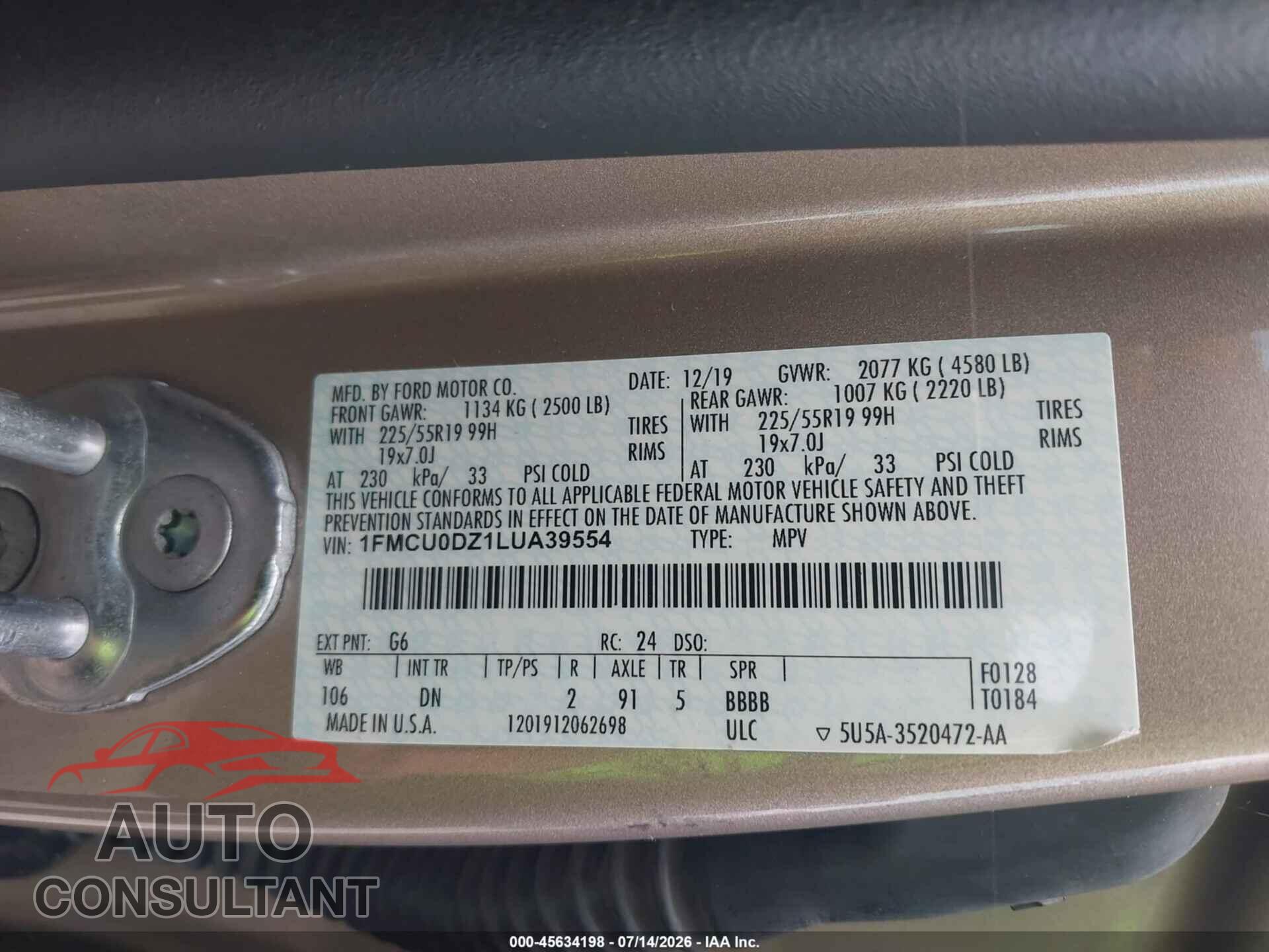FORD ESCAPE 2020 - 1FMCU0DZ1LUA39554