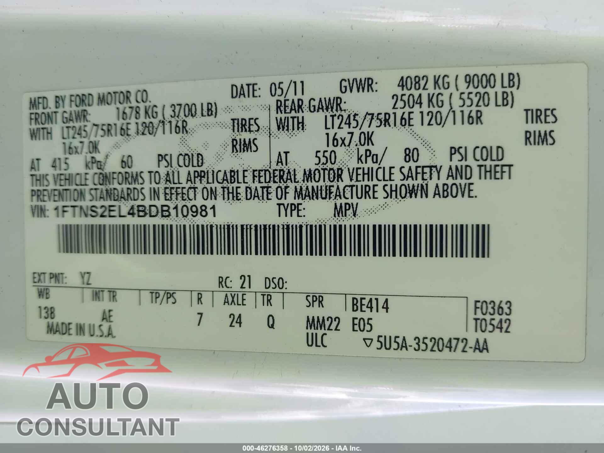 FORD E-250 2011 - 1FTNS2EL4BDB10981