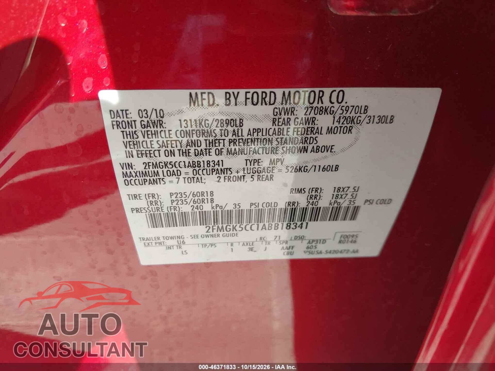 FORD FLEX 2010 - 2FMGK5CC1ABB18341