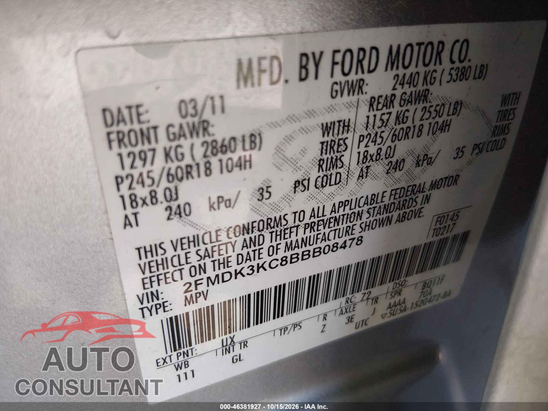 FORD EDGE 2011 - 2FMDK3KC8BBB08478