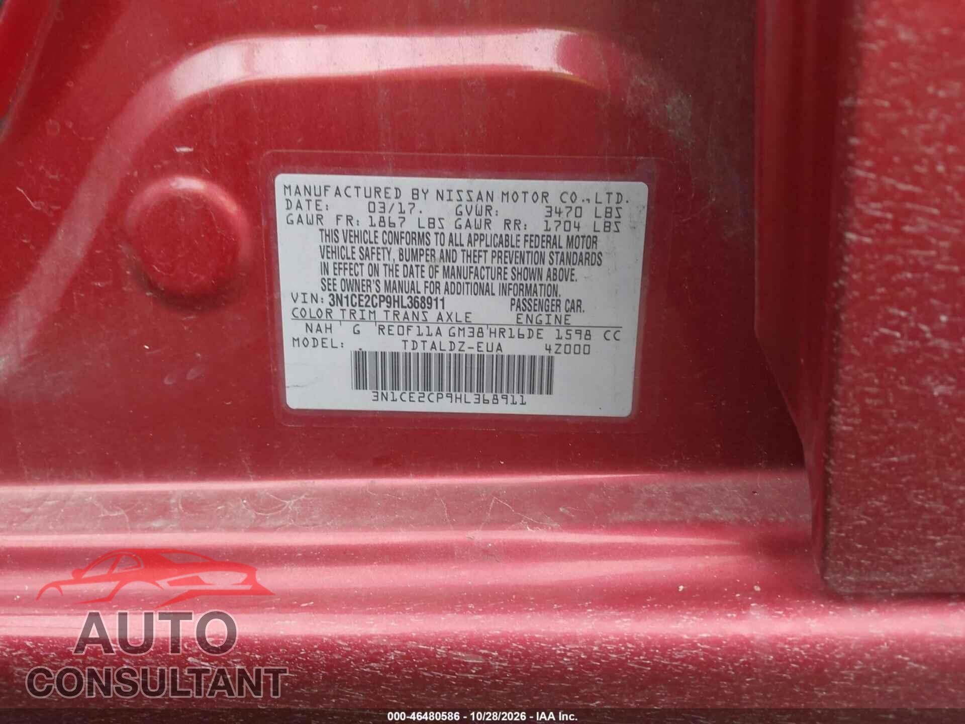 NISSAN VERSA NOTE 2017 - 3N1CE2CP9HL368911