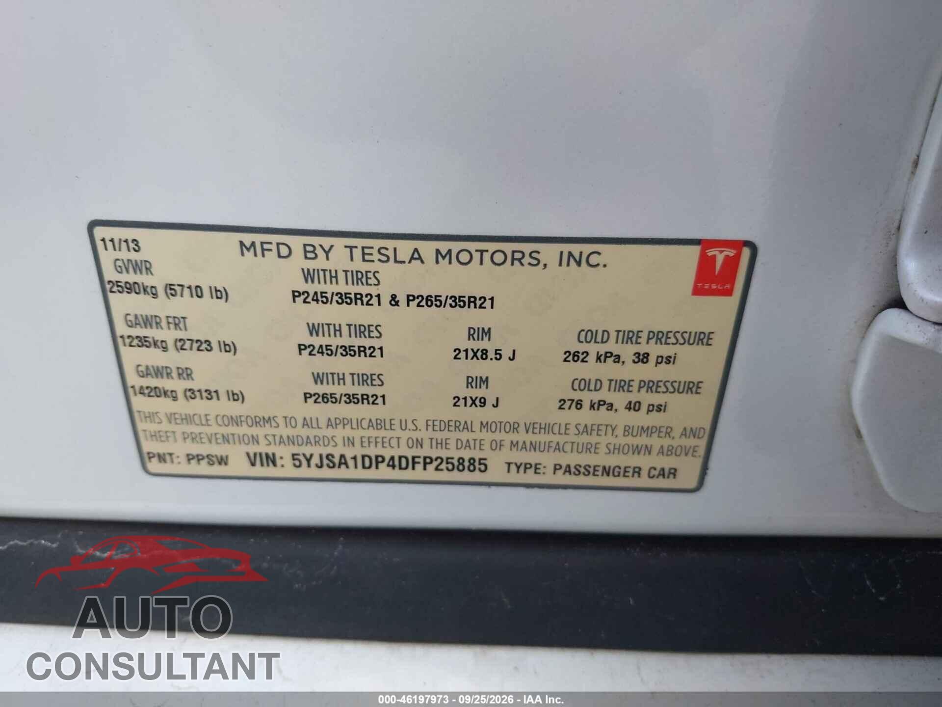 TESLA MODEL S 2013 - 5YJSA1DP4DFP25885